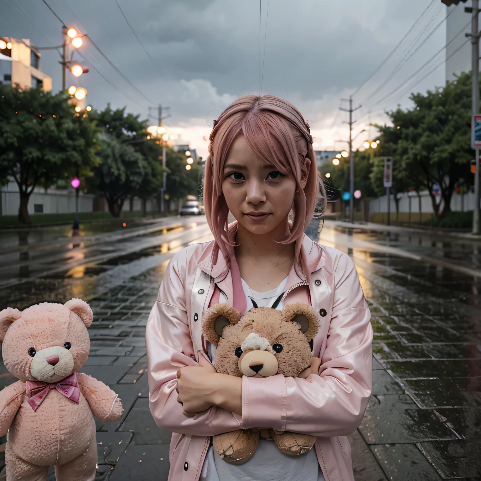 Anime girl, pink hair, crying in the rain, looking at the sky, holding a teddy bear