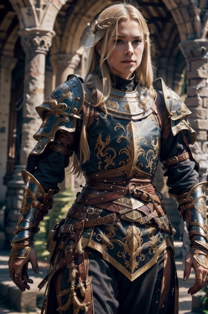 beautiful detail, best quality, 8k, highly detailed face and skin texture, high resolution, beautiful blond hair girl in medieval armor stand infront of castle, full body, sharp focus