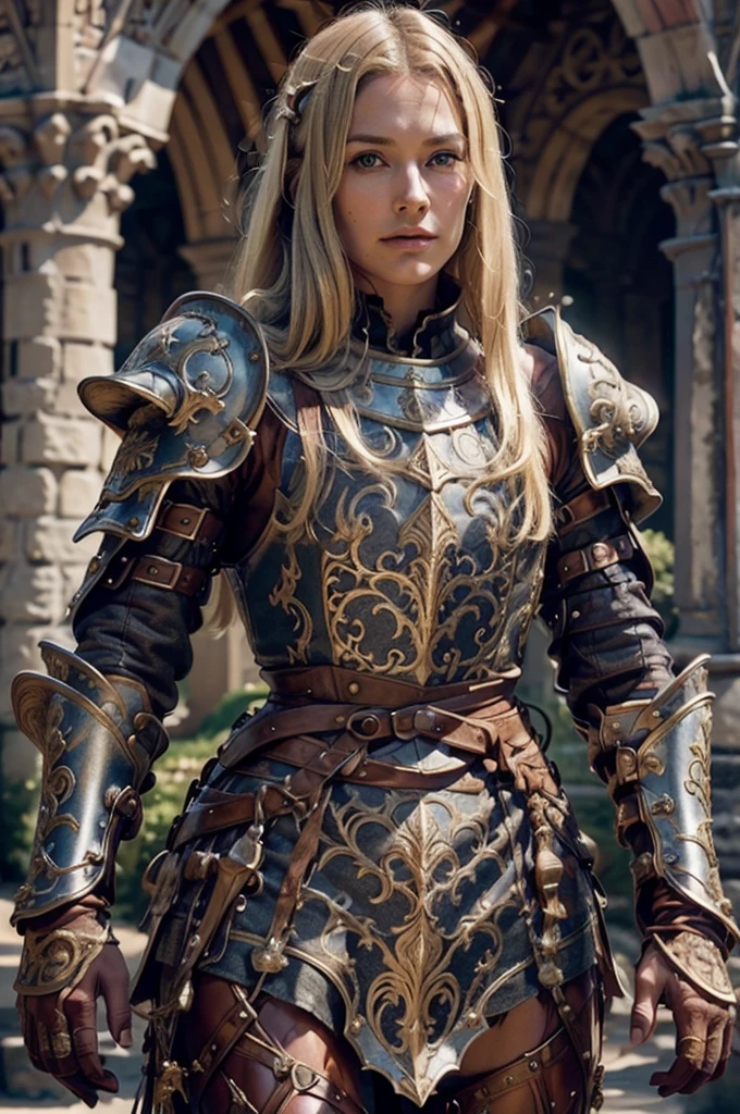 beautiful detail, best quality, 8k, highly detailed face and skin texture, high resolution, beautiful blond hair girl in medieval armor stand infront of castle, full body, sharp focus
