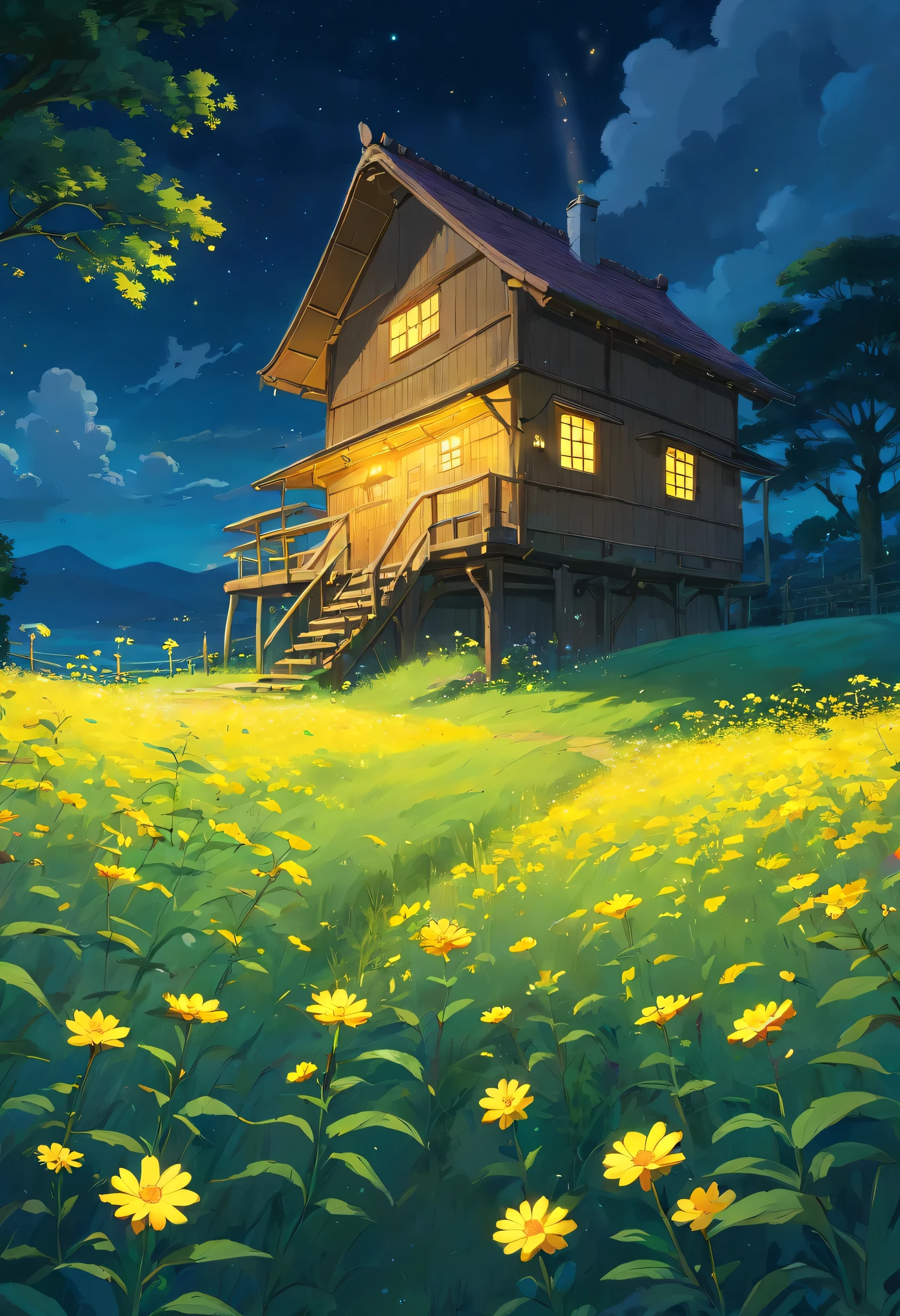 (best quality, high resolution, ultra-detailed, vibrant, night, gentle breeze, summer. Wide, lush meadow filled with yellow flowers. A wooden house nestled in the middle of the grassy field. A flock of fireflies. Summer showers.