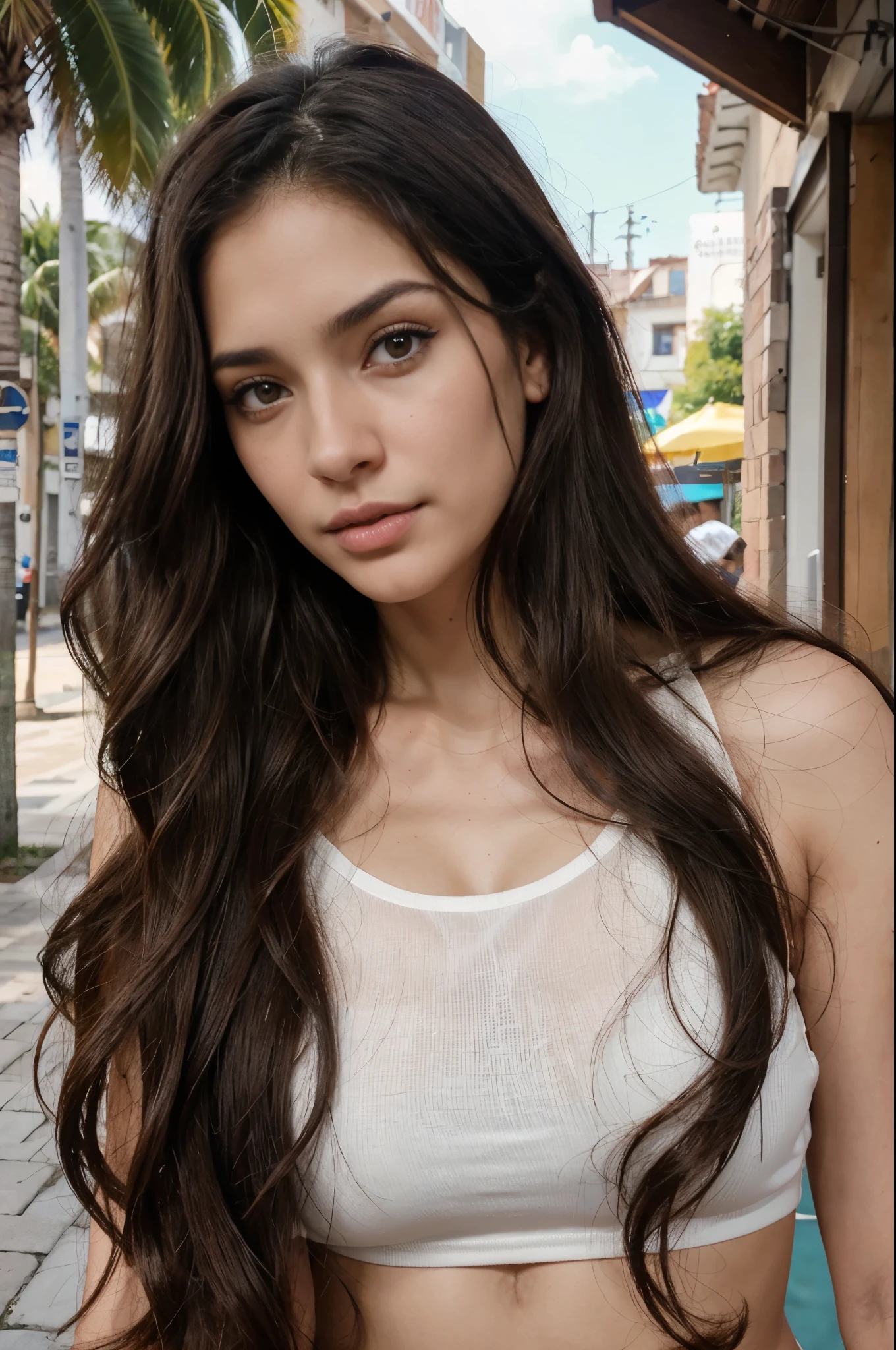 long wavy dark brown hair, ojos claros, defined jaw and accentuated chin. rasgos femeninos y delicados de latina, cara redonda sin maquillaje, labios grandes y gruesos, warm white skin, cara de mujer con parecido a la modelo e influencer colombiana valeria duque.