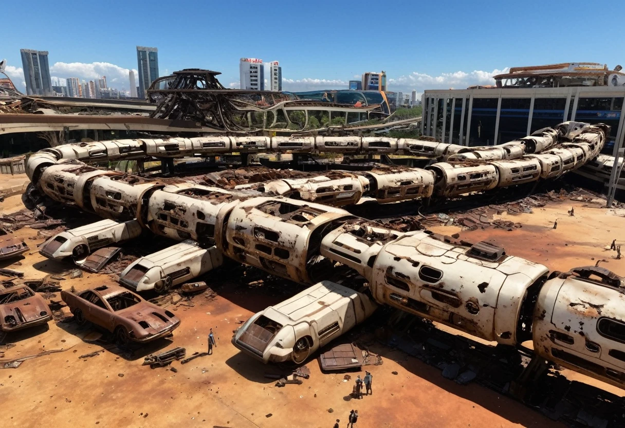 Imagine the remains of a highly advanced civilization., Now it has collapsed. Giant, Rusting robots litter what was once a bustling plaza, The circuit is burnt、The shell has corroded. The monorail track structure winds through the city., Leading to the collapse of the station. LED Kanban, It's dark now, Hanging from a building displaying the last message broadcast before the fall. This scene、It captures the eerie silence that has descended on a world where technology has failed to prevent its own demise.。dvr-lnds-sdxl