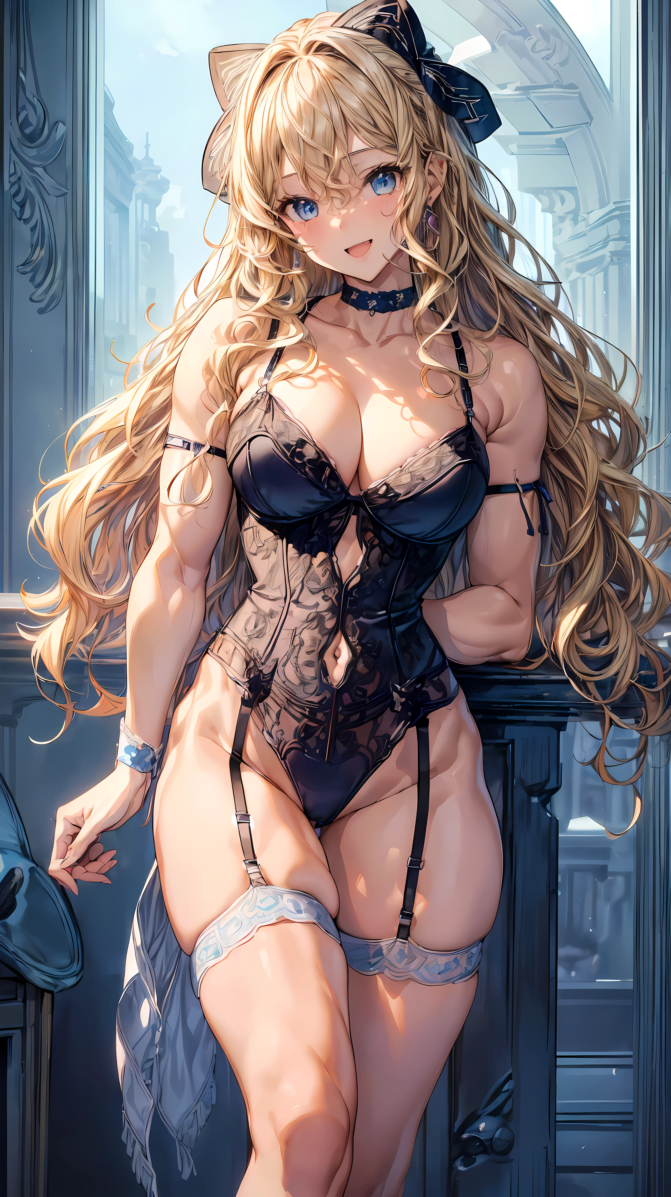 (Adult women:1.5)、Very detailed、highest quality、Best image quality、masterpiece、8k、Anime Face、A kind smile、(Open your mouth:1.3)、Sparkling blue eyes、(Blonde Wavy Hair:1.5)、、Muscles of the whole body、(High leg:1.5)、Thigh belt、(Wearing lingerie:1.5)、(Cowboy Shot:1.5)、SFW Giant