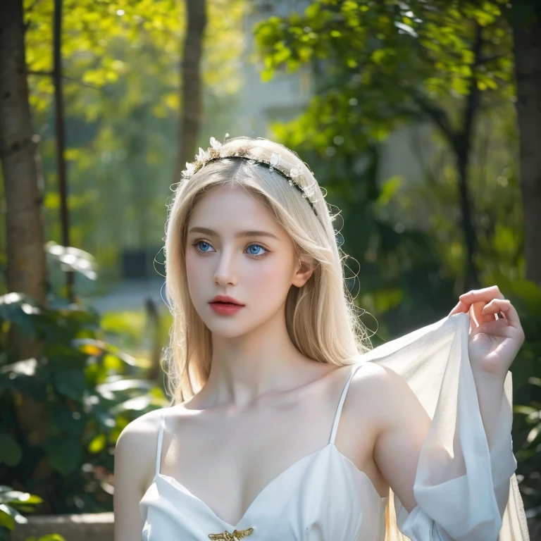 masterpiece, Ultra realistic, 16k, high quality, incredibly detailed, dream aesthetic, dream atmosphere, cinematic, work of art, (sharp focus: 1.5), (photorealistic: 1.3), featured (Beautiful hot girl), pretty delicate girl (Princess), cinematic, detailed, 16k sharp focus, realistic. Gorgeous. Seductive. Natural pale-blond hair (realistic texture), illuminated silky and shiny hair, detailed hair (realistic), (natural) very pale-golden hair. gorgeous detailed face (charming seductress). framing her pale, (pale-white skin) alabaster skin that seems to glow ethereally. Her attire is goth. Voluptuous form. Turquoise blue eyes (intense eyes look). A symmetrical face ::2 goth clothes + trending on artstation + fantasy art + realistic cloth + fractals in the background, flowing hair --aspect 9:21 --uplight his otherworldly beauty. realistic skin texture, pale-white skin illuminated. realistic perfect shading. absurdres, realistic textures. solo, alone, 1girl. looking at viewer. female muscular body, toned body, defined muscles. Large natural breasts, cleavage. pantyhose, a (white) royal queen dress adorned in gold (realistic texture). In Different positions at different angles. Day background. unbelievably real, best quality, Photorealistic.