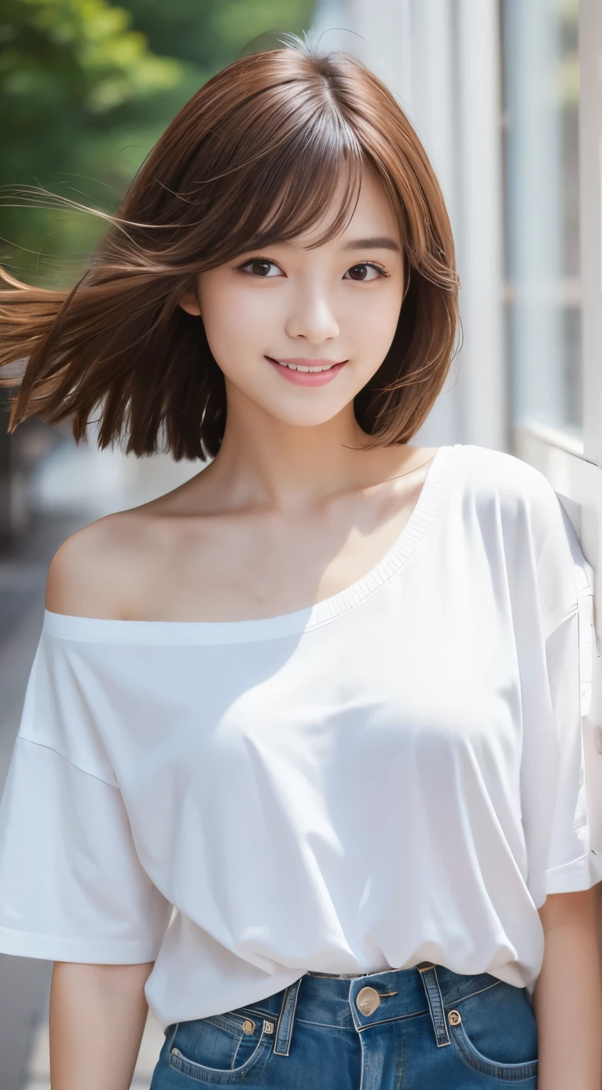 (highest quality,8K quality,masterpiece:1.3,),(Ultra-high resolution:1.3,Photorealistic:1.4,RAW Photos:1.2),(Very detailed:1.2,Shiny skin,Fine skin:1.1),(Detailed face,Perfect Anatomy,Caustics),1 girl,cute,Japanese,20-year-old,Japanese ID,Natural brown hair,Shoulder-length hair,cute目,Natural Makeup,Oversized T-shirt,Laughter,Don't look at the camera,On the face,Face Focus,Street Corner,Professional Writing,Natural soft light,