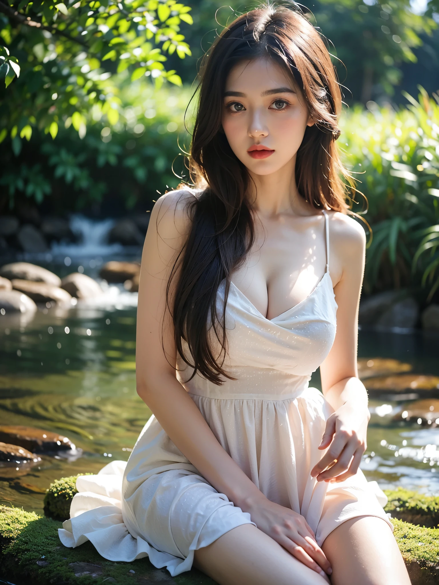 one pretty girl, solo, supermodel, full body, long hair, makeup, parted lips, big breasts, cleavage, wearing a fairies dress, (looking at viewer), beside a stream, thighs, soft lighting, film grain, upper body, epiCPhoto, (best quality:1.2), (masterpiece),((ultra-detailed)),