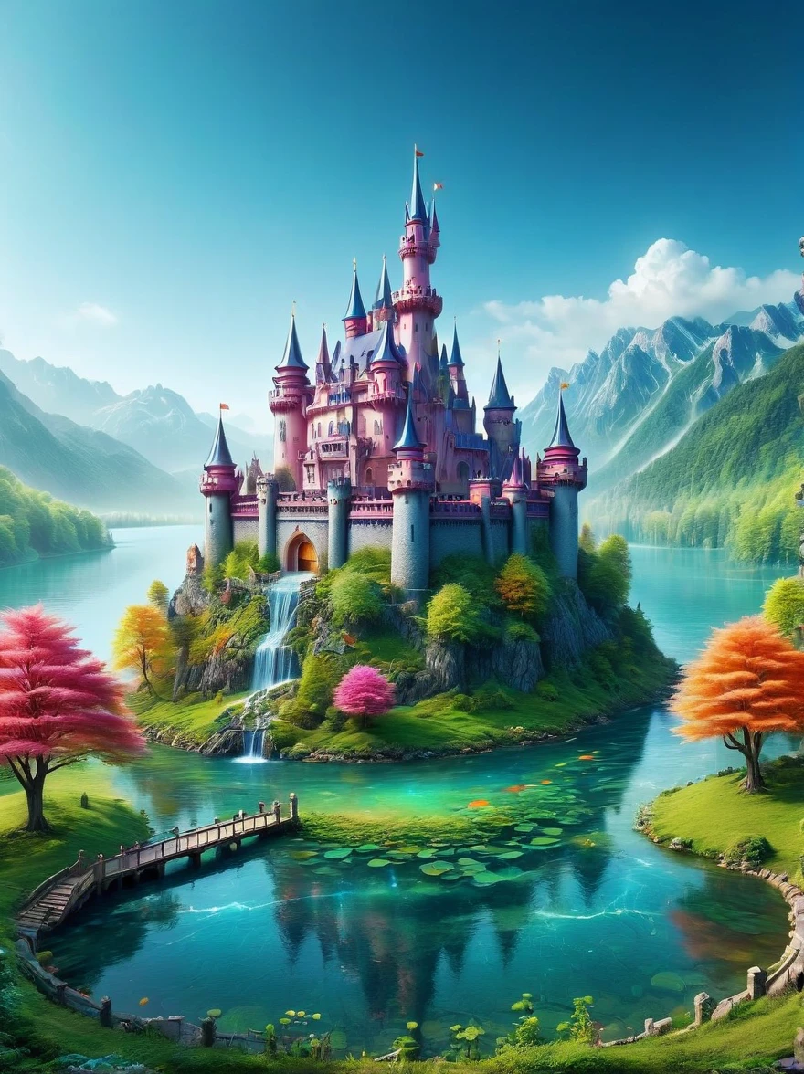 (A mysterious dream castle:1.5), Dreams，Psychedelic，Neon light，In dreams，A hidden lake，Bright colors，A Glowing Feast，Add a unique character emitting the ethereal aura of a fantasy creature by the water。Wide angle lens，Make it panoramic，Showcasing stunning castle woodland scenery，This magical scene is full of the essence of the fantasy world。