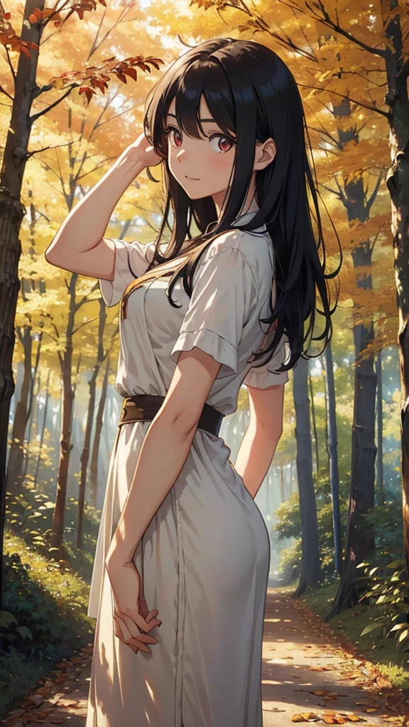 (best quality,highres,realistic)A girl walking through a row of trees, surrounded by the vibrant colors of autumn foliage. The girl, in her mid-30s, has sleek black hair that cascades down her back and striking red eyes that reflect the beauty of the season. She exudes a sense of joy and excitement as she explores the picturesque scene.

Her perfect body is accentuated by her autumn attire, which complements the colors of nature. The fabric drapes delicately over her modest breasts, adding a touch of elegance to her appearance. With each step, her movements are graceful, and her hands are exquisitely detailed, expressing her excitement.

The background is meticulously crafted, immersing the girl in a serene and enchanting forest. The trees form a stunning row, their branches adorned with leaves of various warm hues. The surrounding environment is rich in detail, with leaves gently fluttering to the ground and a gentle breeze rustling through the trees.

The sky above is a mesmerizing display of colors, blending shades of orange, red, and gold, casting a warm glow upon the scene. The sunlight filters through the branches, creating captivating patterns of light and shadow on the forest floor.

Every element of this artwork is created with the highest level of realism, showcasing the finest details. The girl's eyes are extraordinary, reflecting her curiosity and zest for life. Her body and clothing are intricately portrayed, bringing them to life on the canvas. The hand that delicately brushes aside the leaves is so realistic that one can almost feel the touch.

The overall color palette of the artwork is carefully curated to enhance the autumn ambiance, with warm and earthy tones dominating the composition. The lighting is carefully designed to accentuate the girl's features and create a harmonious atmosphere.

This artwork is a masterpiece, capturing the beauty of autumn and the joy of exploration. It invites viewers to immerse themselves in the scene, appreciating t