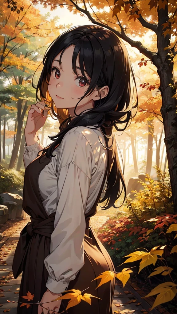(best quality,highres,realistic)A girl walking through a row of trees, surrounded by the vibrant colors of autumn foliage. The girl, in her mid-30s, has sleek black hair that cascades down her back and striking red eyes that reflect the beauty of the season. She exudes a sense of joy and excitement as she explores the picturesque scene.
Her perfect body is accentuated by her autumn attire, which complements the colors of nature. The fabric drapes delicately over her modest breasts, adding a touch of elegance to her appearance. With each step, her movements are graceful, and her hands are exquisitely detailed, expressing her excitement.
The background is meticulously crafted, immersing the girl in a serene and enchanting forest. The trees form a stunning row, their branches adorned with leaves of various warm hues. The surrounding environment is rich in detail, with leaves gently fluttering to the ground and a gentle breeze rustling through the trees.
The sky above is a mesmerizing display of colors, blending shades of orange, red, and gold, casting a warm glow upon the scene. The sunlight filters through the branches, creating captivating patterns of light and shadow on the forest floor.
Every element of this artwork is created with the highest level of realism, showcasing the finest details. The girl's eyes are extraordinary, reflecting her curiosity and zest for life. Her body and clothing are intricately portrayed, bringing them to life on the canvas. The hand that delicately brushes aside the leaves is so realistic that one can almost feel the touch.
The overall color palette of the artwork is carefully curated to enhance the autumn ambiance, with warm and earthy tones dominating the composition. The lighting is carefully designed to accentuate the girl's features and create a harmonious atmosphere.
This artwork is a masterpiece, capturing the beauty of autumn and the joy of exploration. It invites viewers to immerse themselves in the scene, appreciating t