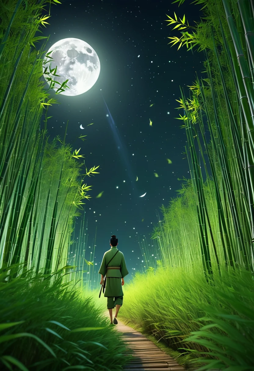 Quiet bamboo forest, Bamboo leaves falling with the wind, Full moon in the sky、a handsome man, Firefly Flying 3D Animation Masterpiece Collection Award-winning Work, 3D Animation Style