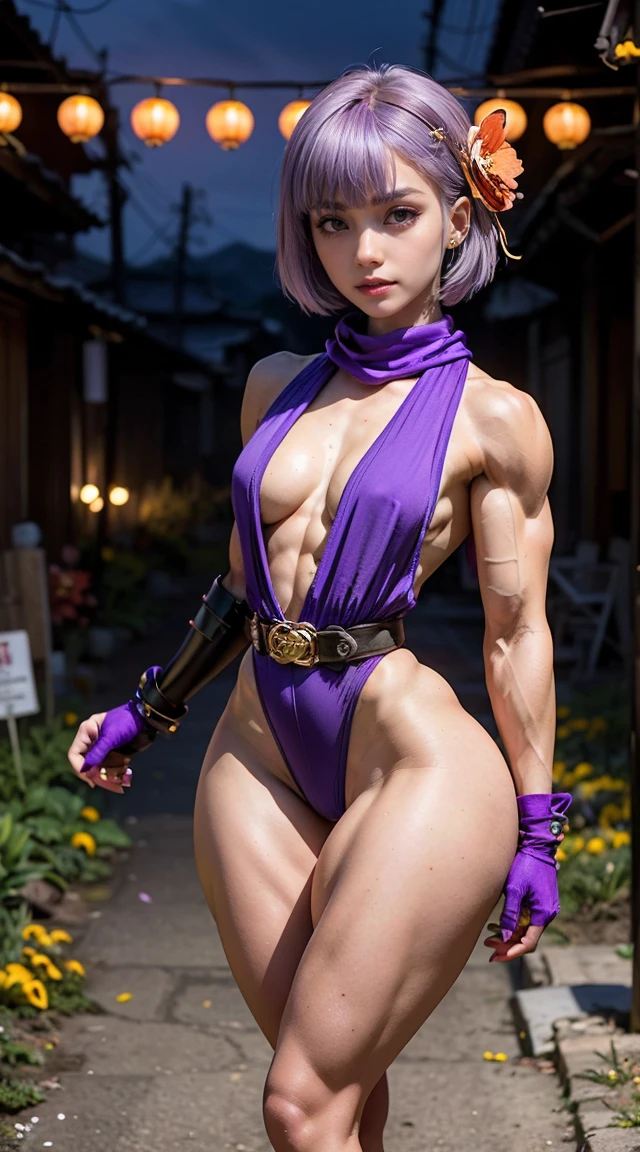 (Muscular:2.3), (thick thighs:2.2), 
(asian female, pale skin, light purple hair, blunt bangs, short hair, straight hair:1.7), (adult), beauty mark,
(earrings, eyeshadow, lipstick:1.3), 
detailed eyes, (big smile:1.2), detailed skin, (long ponytail, blunt bangs),
(small breasts:1.5), (hard nipples),
(long scarf, skintight purple romper, utility belt, fingerless gloves, cleavage, flower hairpin:1.7),
(upper body view), (looking at viewer), three quarter view,
(abandoned japanese village), (nighttime), rim lighting, two tone lighting, dimly lit, bokeh