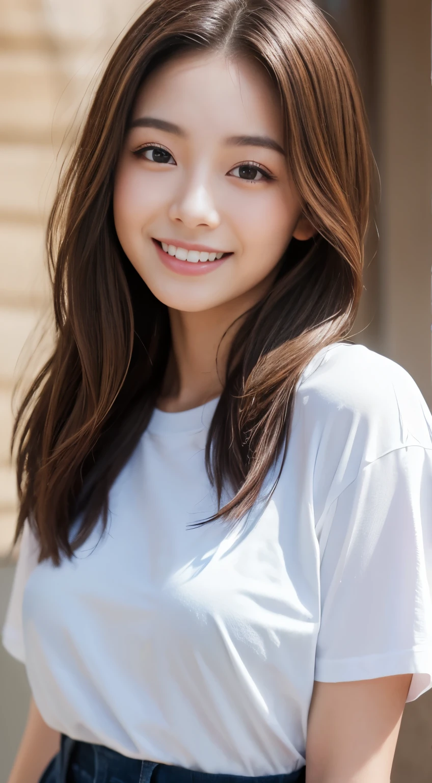 (highest quality,8K quality,masterpiece:1.3,),(Ultra-high resolution:1.3,Photorealistic:1.4,RAW Photos:1.2),(Very detailed:1.2,Shiny skin,Fine skin:1.1),(Detailed face,Perfect Anatomy,Caustics),1 girl,cute,Japanese,20-year-old,Japanese ID,Natural brown hair,Shoulder-length hair,cute目,Natural Makeup,Oversized T-shirt,Laughter,Don't look at the camera,On the face,Face Focus,Street Corner,Professional Writing,Natural soft light,