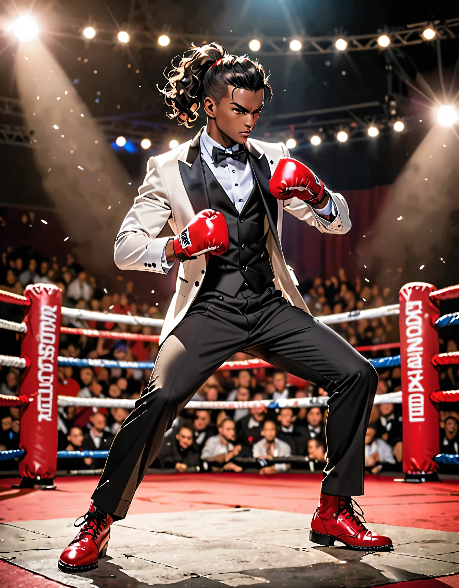 best quality, masterpiece, highres, 1man, male focus, solo, solo focus, Scottish, brown skin, black skin, (black hair, medium hair, curly hair, ponytail hair), (tuxedo, white tuxedo, white shirt), (necktie, black bowtie), (black dress pants), (lace-up boots, red boots), (red boxing gloves, matching gloves), boxer, mixed martial arts fighter. (martial arts tournament ring backdrop, stage lights). dynamic fighting stance, determined, cocky, confident, optimistic.
