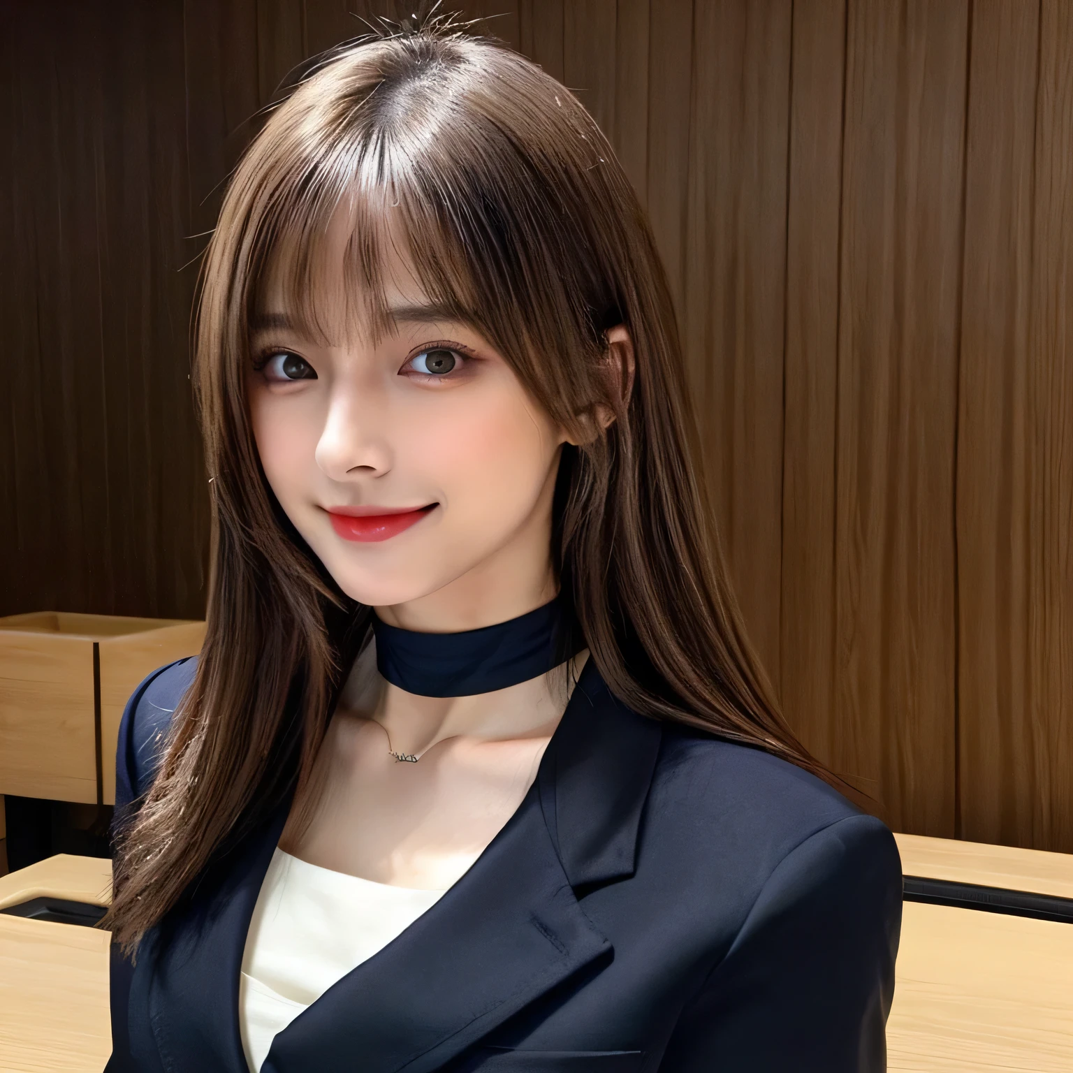 masterpiece, 1 mature woman per photo, Cute Japanese Secretary, Very cute face, Glossy Lips, Double eyelids on both eyes, Natural Makeup, (Brown Hair , Long Bob Hair), Asymmetrical bangs, High resolution, Attention to detail, Detailed hairstyle, Detailed face, Cinema Lighting, Octane Rendering, Ultra-realistic, Perfect limbs, Perfect Anatomy, ((Black choker:1.2)), blue eyes, Big Breasts, ((The body is slim:1.5)), Cool Beauty, Slim face, smile, Fantasy World, ((Straight Long Hair)), Wooden wall, Wooden desk, Wooden chair, Big Breasts, (uniform, Navy blue blazer), document, coin, book, pen, sitting at a desk, I am writing a diary., High nose