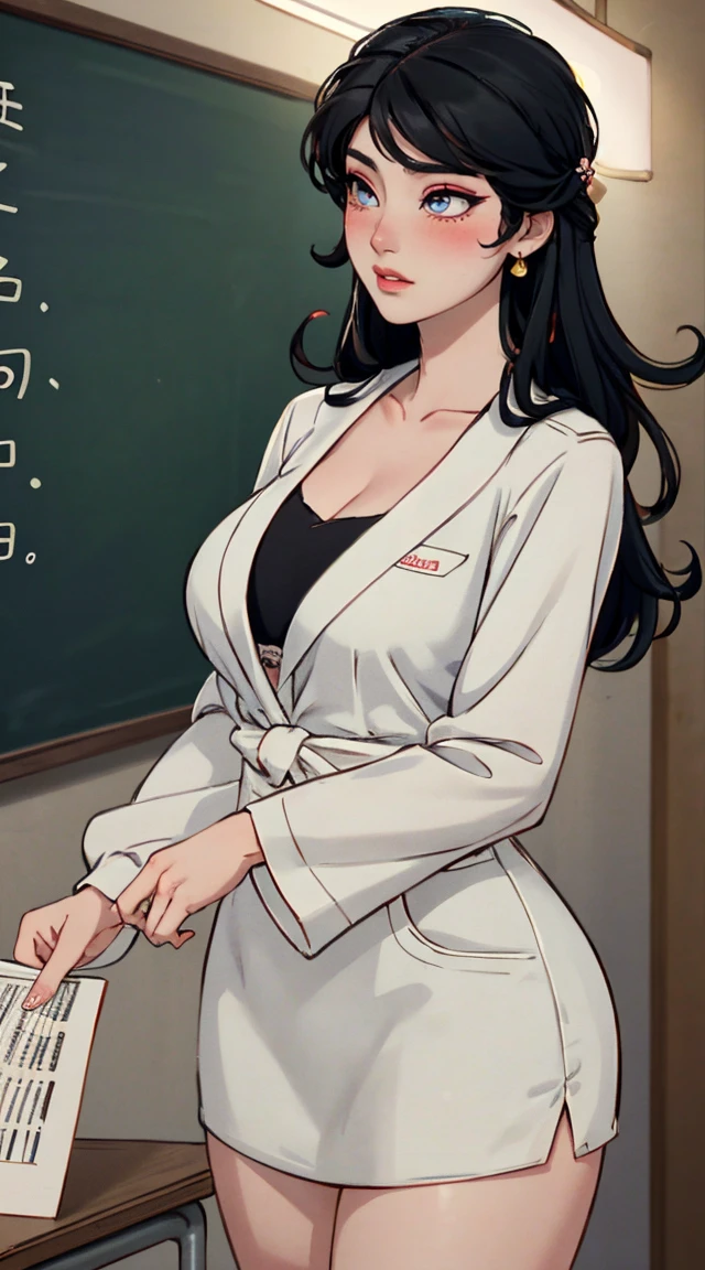 (best quality,4K,8k,high resolution,masterpiece:1.2),Super detailed,(Practical,photoPractical,photo-Practical:1.37),Nezuko Kamado,Sexy teacher,Beautiful and delicate eyes,Beautiful and delicate lips,Long eyelashes,Long black hair,fit,(Big Breasts,Cleavage close-up,Wide hips, Curvy beauty,)cleveage,Revealing clothes,Short skirt,Suggestive underwear,Confident Posture,Teaching sex education,Classroom environment,blackboard,Books and papers,Students focus on,Expression of involvement and interest,Dedicated and professional teaching,Educational posters on the wall,Bright colors,Studio Lighting,soft warm tones,Warm and welcoming atmosphere