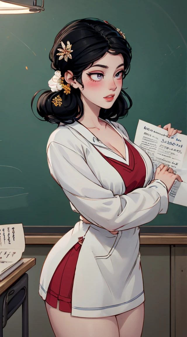 (best quality,4K,8k,high resolution,masterpiece:1.2),Super detailed,(Practical,photoPractical,photo-Practical:1.37),Nezuko Kamado,Sexy teacher,Beautiful and delicate eyes,Beautiful and delicate lips,Long eyelashes,Long black hair,fit,（Big Breasts，Cleavage close-up，Wide hips, Curvy beauty,）cleveage,Revealing clothes,Short skirt,Suggestive underwear,Confident Posture,Teaching sex education,Classroom environment,blackboard,Books and papers,Students focus on,Expression of involvement and interest,Dedicated and professional teaching,Educational posters on the wall,Bright colors,Studio Lighting,soft warm tones,Warm and welcoming atmosphere