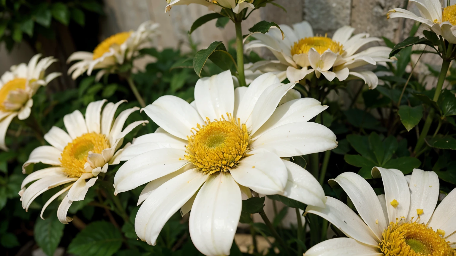 Generative AI illustration of delicate fresh white flowers with gentle petals blooming in garden