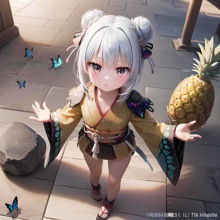((Little,pineapple,3DCG,Official Art, Miniature photography style,One Girl: 1.5)),(masterpiece, Almond-shaped eyes, Shiny white-blue hair, Short bun hairstyle, highest quality, Carefully drawn fingertips, Beautiful anatomy : 1.4), (Half Body: 1.3), (Red cheeks, Indifference, Expressionless, Hair blowing in the wind: 1.2),(Walking at night, Social Reform, Government Reform,Stone floor, Butterflies fluttering ,Sengoku, warrior :1.5)