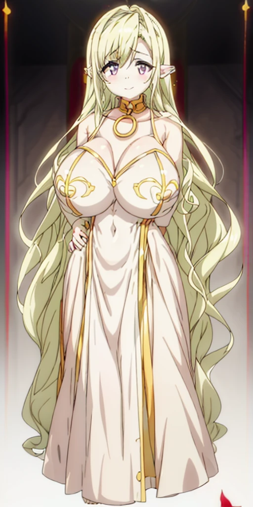 (plain background) (chest covered)(smile) gray skin, pale golden hair and violet eyes, huge knockers, full body standing symmetrical lustful smirking smile face red blush, pink painted nails, 1 girl full body standing straight symmetrical lustful smirking smile face red blushed, red cheeks, hands on hips