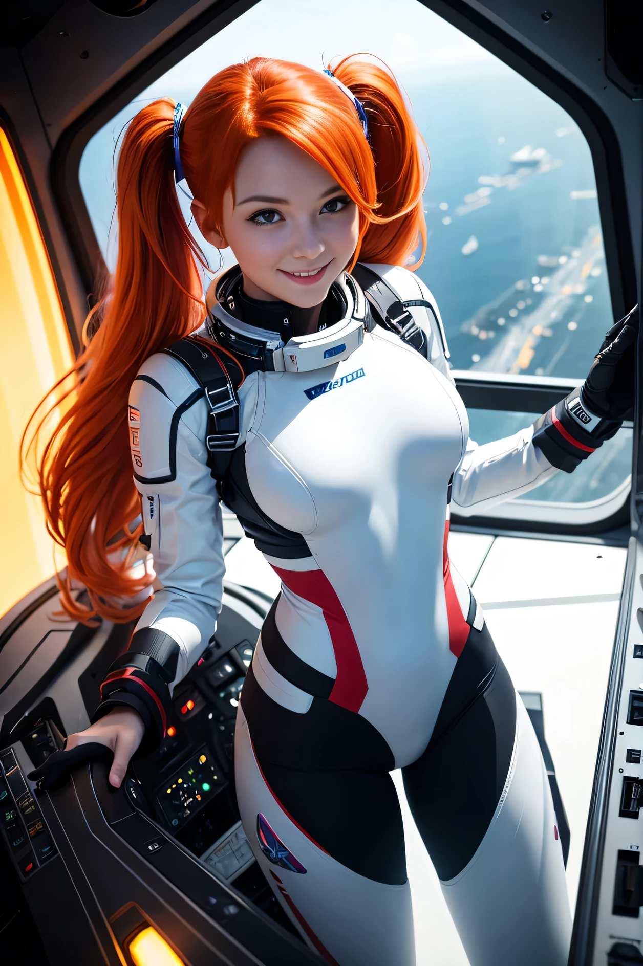 (overhead view) Cute redhead with rainbow colored hair tips, ribbons in her hair, 18-year-old woman, happy, smiling, in twin tails, perfect eyes, clear sparkling blue eyes, pale skin, silky smooth skin, flying a fancy metal luxurious space ship, futuristic cockpit, she's a pilot, dark outer space seen in windows, dark warm interior lighting, futuristic astronaut suit, anatomically correct, , thin, bare bottom, open legs, Best quality, high detailed, Masterpiece, Cinematic Lighting, 4K, wet and see-through.