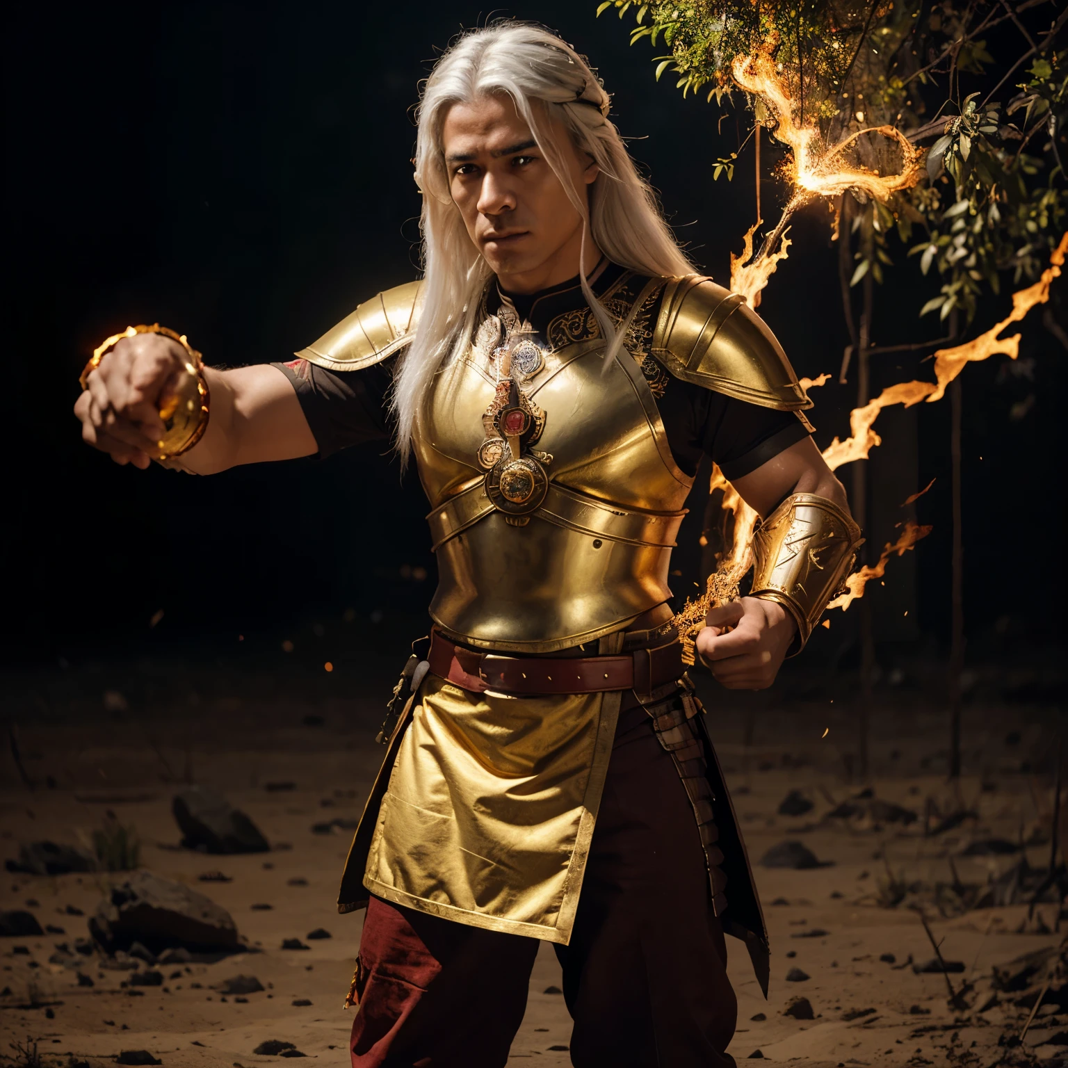 Gatot Kaca, a legendary warrior with striking white hair and a stern expression, wears beautiful armor with intricate designs, colored gold and red, suggesting a fire or heat theme. He holds a magic glove in his right hand that glows with energy, and a round object in his left hand that also emits a fiery light. He was on the battlefield, ready for battle. Behind him, fire and magical energy swirled, emphasizing his power. He felt ready for battle or ready to cast a powerful spell.