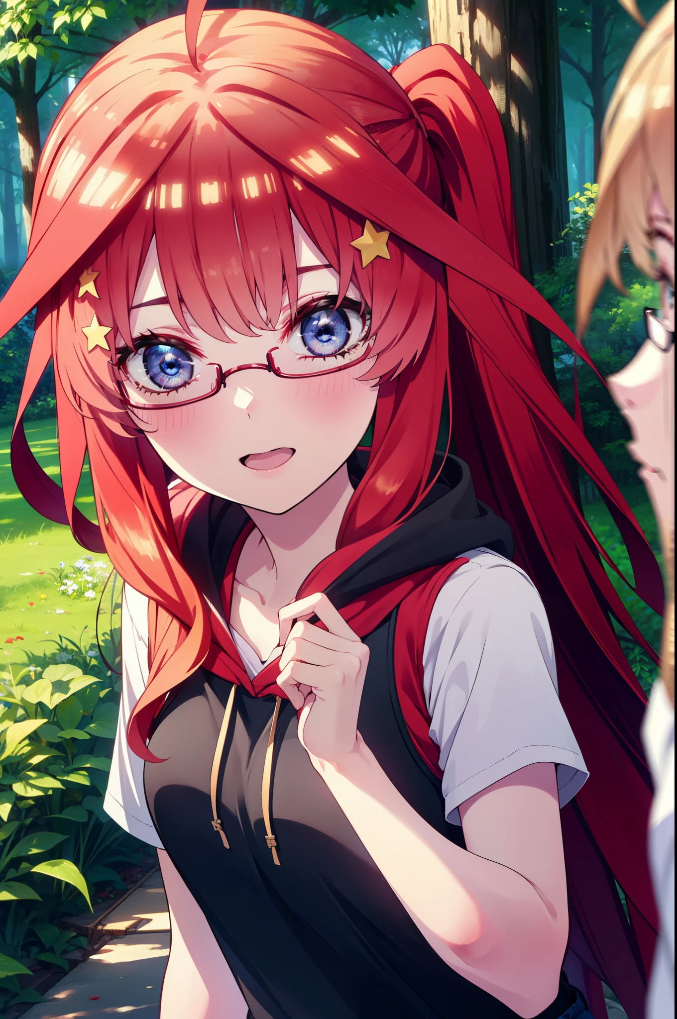 itsukinakano, Itsuki Nakano, bangs, blue eyes, Hair between the eyes, Ahoge, Redhead, star \(symbol\), hair ornaments, star hair ornaments,Akagi glasses, tooth, smile, Open your mouth,ponytail,Red hoodie,Short sleeve,Baseball cap,Food Up,Red Tank Top Shirt,Short denim,Red Knee High Socks,High Top Sneakers,Daytime,sunny,Real Summer,barbecue,tent,
break looking at viewer, Upper Body, whole body,(Cowboy Shot:1. 5)
break outdoors, forest, nature,camp site,
break (masterpiece:1.2), highest quality, High resolution, unity 8k wallpaper, (shape:0.8), (Beautiful details:1.6), Highly detailed face, Perfect lighting, Extremely detailed CG, (Perfect hands, Perfect Anatomy),