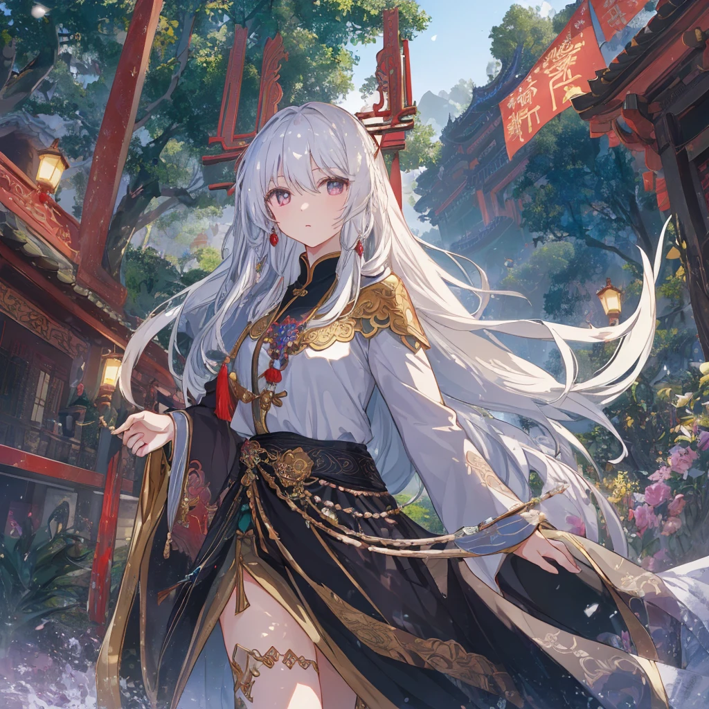 (masterpiece、highest quality: 1.2)、1 girl、one person、Second Dimension、Amazing、Inspired by the myths and legends of Guilin, China:Liu Sanjie、womanの胸像、Long white hair、black eye、woman、A Put the cape over your head、Metal Jewelry、Serious expression、attack action、lower one&#39;s head、Hanfu、Black clothes、Cold Eyes、Hair loss、（Ink stains）Beautiful Portraits、Black and white ink style clothing、Delicate skin tone、watercolor、soft、Martial arts style、Ethnic style、Exquisite and beautiful face、band、Sharp Vision、Black Theme、The beast behind、Tiger、Body movements、whole body、shoes、shoes下