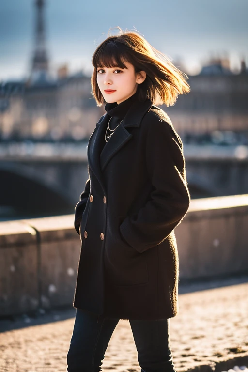 youth,1girl,looking at viewer, full body,jewelry, necklace, realistic, brown hair, blurry background, blurry,bangs, black eyes,paris,fashion,peoples in background, winter coat,
dynamic pose, motion blur,
Warm sun,Winter,snow,