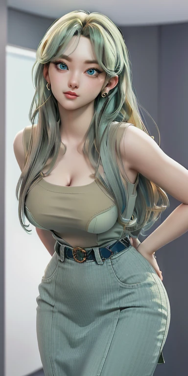 masterpiece, best quality, 1 Girl, Solitary, 23 years old, aldult, （Big Breasts，Cleavage close-up，Wide hips, Curvy beauty,） Aqua eyes, Enchanting,  tune, 167 cm, Pale skin, Expression, Olive green skinny T-shirt, High waist skirt, , Camel toe, From below