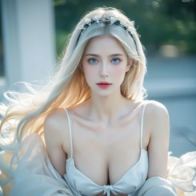 masterpiece, Ultra realistic, 16k, high quality, incredibly detailed, dream aesthetic, dream atmosphere, cinematic, work of art, (sharp focus: 1.5), (photorealistic: 1.3), featured (Beautiful hot girl), pretty delicate girl (Princess), cinematic, detailed, 16k sharp focus, realistic. Gorgeous. Seductive. Natural pale-blond hair (realistic texture), illuminated silky and shiny hair, detailed hair (realistic), (natural) very pale-golden hair. gorgeous detailed face (charming seductress). flushed cheekbones, framing her pale, (pale-white skin) alabaster skin that seems to glow ethereally. Her attire is goth. Voluptuous form. Turquoise blue eyes (intense eyes look). A symmetrical face ::2 goth clothes + trending on artstation + fantasy art + realistic cloth + fractals in the background, flowing hair --aspect 9:21 --uplight his otherworldly beauty. realistic skin texture, pale-white skin illuminated. realistic perfect shading. absurdres, realistic textures. solo, alone, 1girl. looking at viewer. female muscular body, toned body, defined muscles. Large natural breasts, cleavage. pantyhose, a (white) royal queen dress adorned in gold (realistic texture). In Different positions at different angles. Day background. unbelievably real, best quality, Photorealistic.