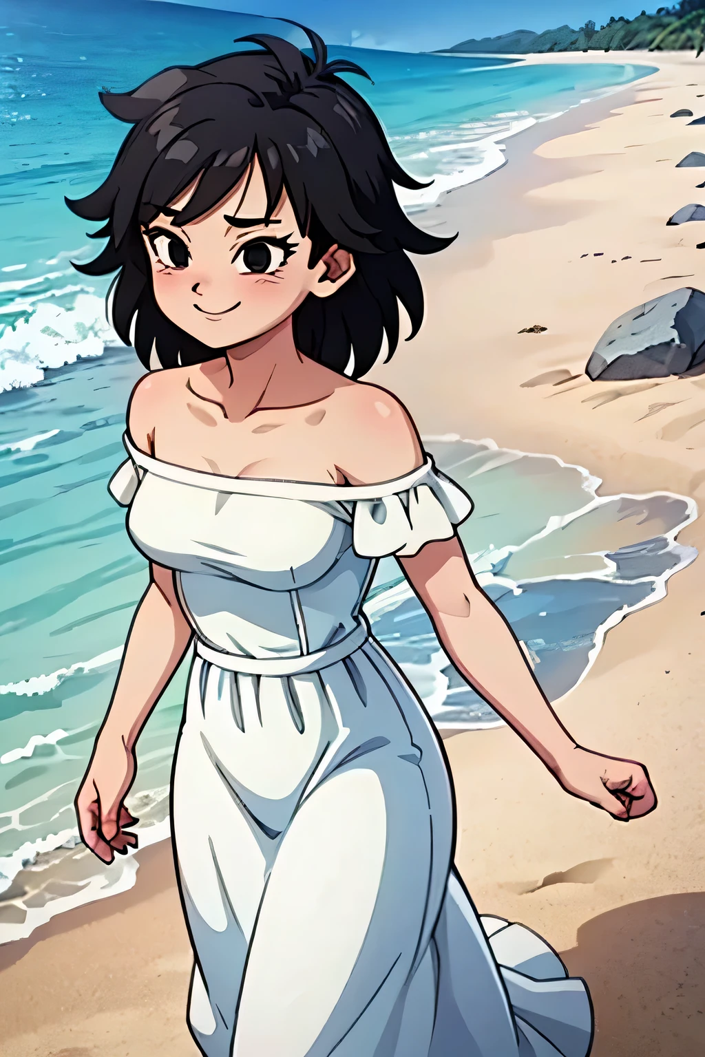 anime screencap, masterpiece, best quality, highres, outdoors, small breasts, gine, spiky black hair, 1 girl, Solo, Black Eyes, Good hands are down, Smile, Blushing, Bare Neck, Bare Shoulders, strapless, short sleeve, white dress, White Ruffle Off-the-Shoulder top, white maxi skirt, Cowboy shot. A landscape of the beach, sea, blue skies, sand beach. In the center. Walking on the beach with bare feets. Far from the bottom, looking at viewers