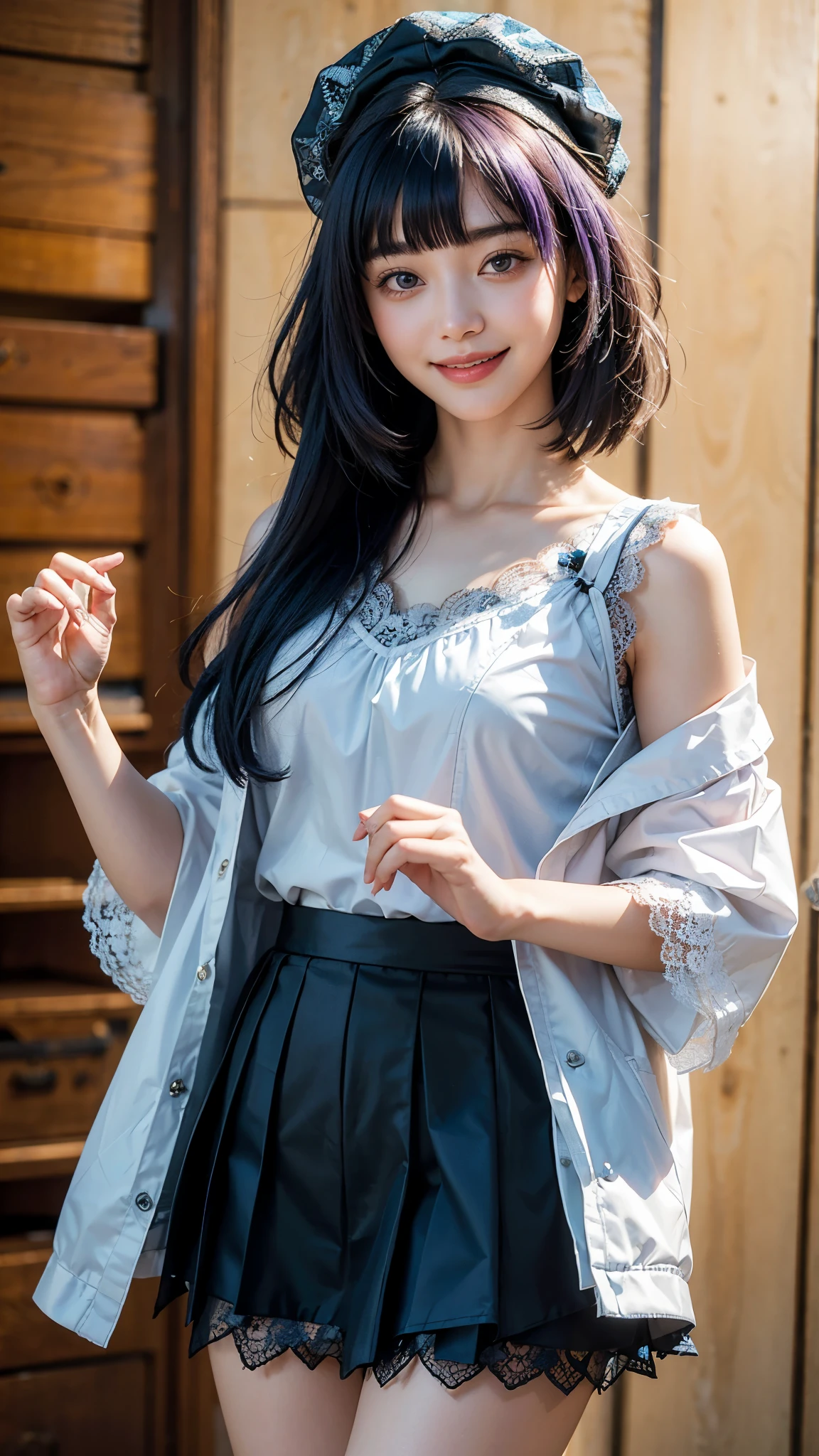 highest quality, masterpiece, Ultra-high resolution, (Realistic:1.4), (Portraiture) RAW Photos, 1 girl,22 years old((Detailed face)),(((座ったPortraiture)),((Random Background)),((Smiling with teeth showing)),((Big smile)),((Black lace blouse and white coat)),((Shoulder bag)),((Black Lace Skirt)),((Straight long blue-purple hair with ribbon)),((Cap Chestnut)),((Short bangs)),Realistic,Image Media Chest)),