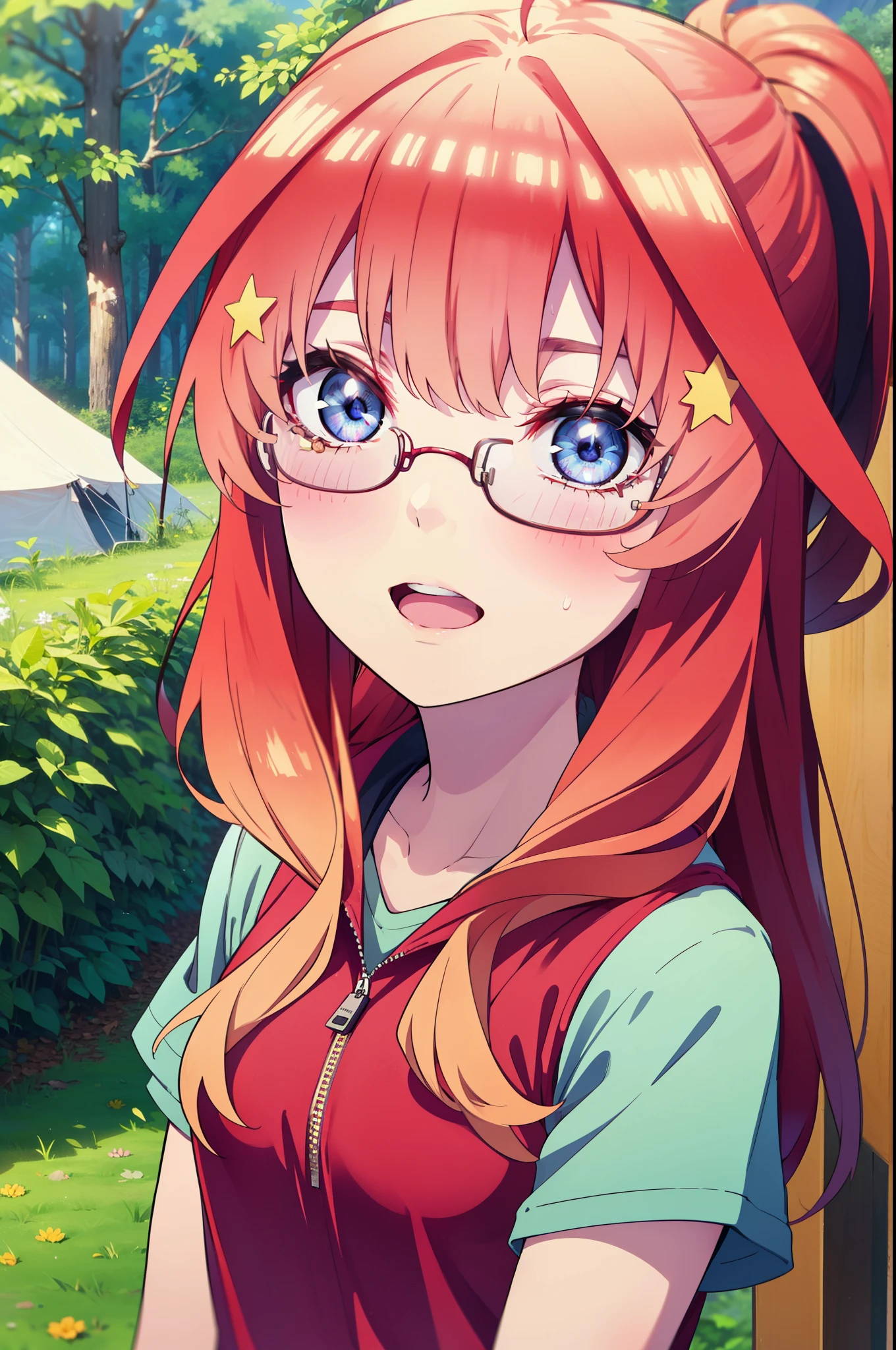 itsukinakano, Itsuki Nakano, bangs, blue eyes, Hair between the eyes, Ahoge, Redhead, star \(symbol\), hair ornaments, star hair ornaments,Akagi glasses, tooth, smile, Open your mouth,ponytail,Red hoodie,Short sleeve,Baseball cap,Food Up,Red Tank Top Shirt,Short denim,Red Knee High Socks,High Top Sneakers,Daytime,sunny,真夏日
break looking at viewer, Upper Body, whole body,(Cowboy Shot:1. 5)
break outdoors, forest, nature,camp site,tent,
break (masterpiece:1.2), highest quality, High resolution, unity 8k wallpaper, (shape:0.8), (Beautiful details:1.6), Highly detailed face, Perfect lighting, Extremely detailed CG, (Perfect hands, Perfect Anatomy),