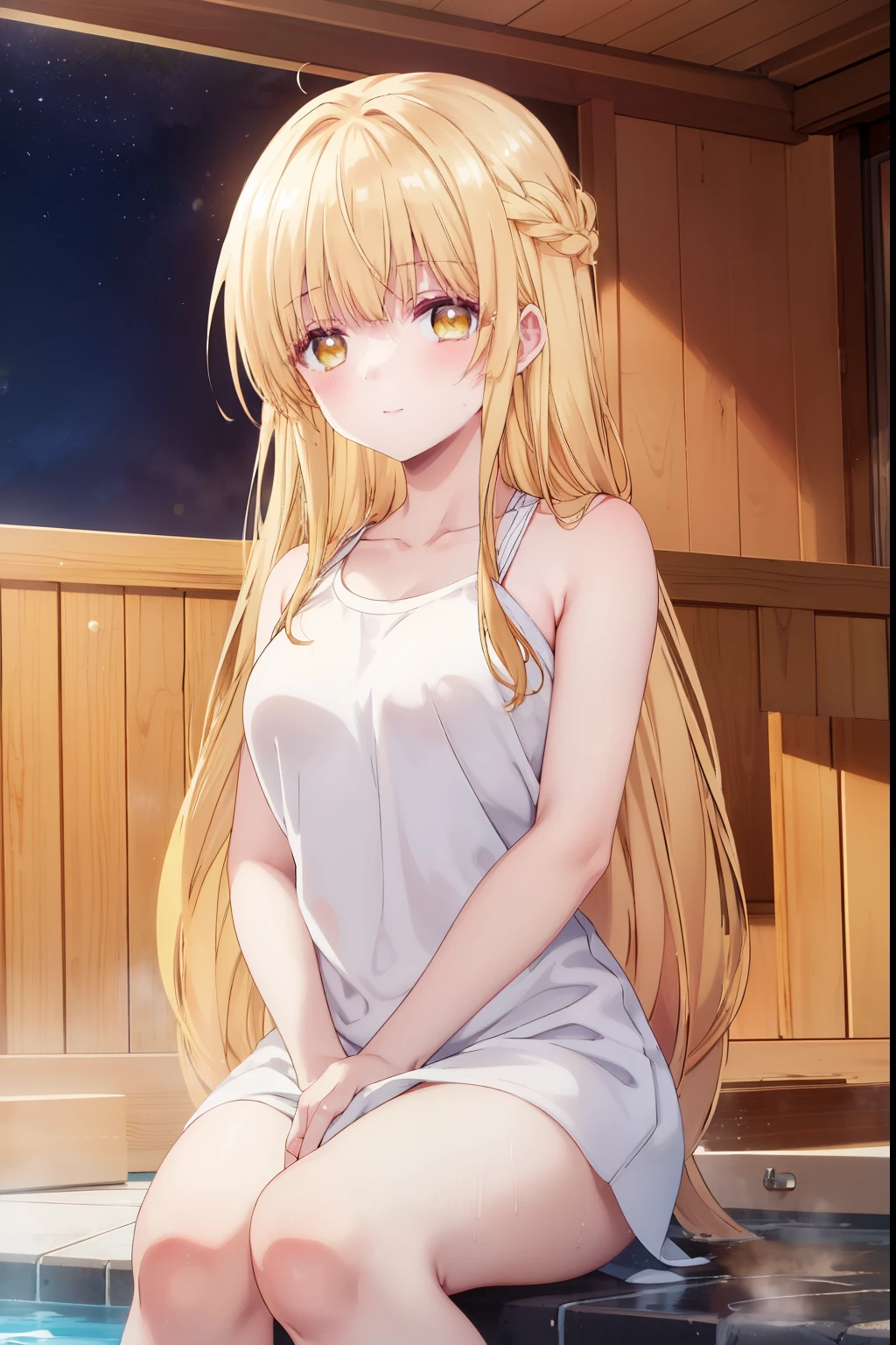 Mahiru shiina, , blonde, (Yellow Eyes:1.3)、Braided long hair,,blush,smile,night、Captivating thighs、Beautiful bare legs, Bath towel appearance、hot spring
（masterpiece:1.2), highest quality, High resolution, unity 8k wallpaper, (shape:0.8), (Beautiful and beautiful eyes:1.6), Highly detailed face, Perfect lighting, Extremely detailed CG, (Perfect hands, Perfect Anatomy),