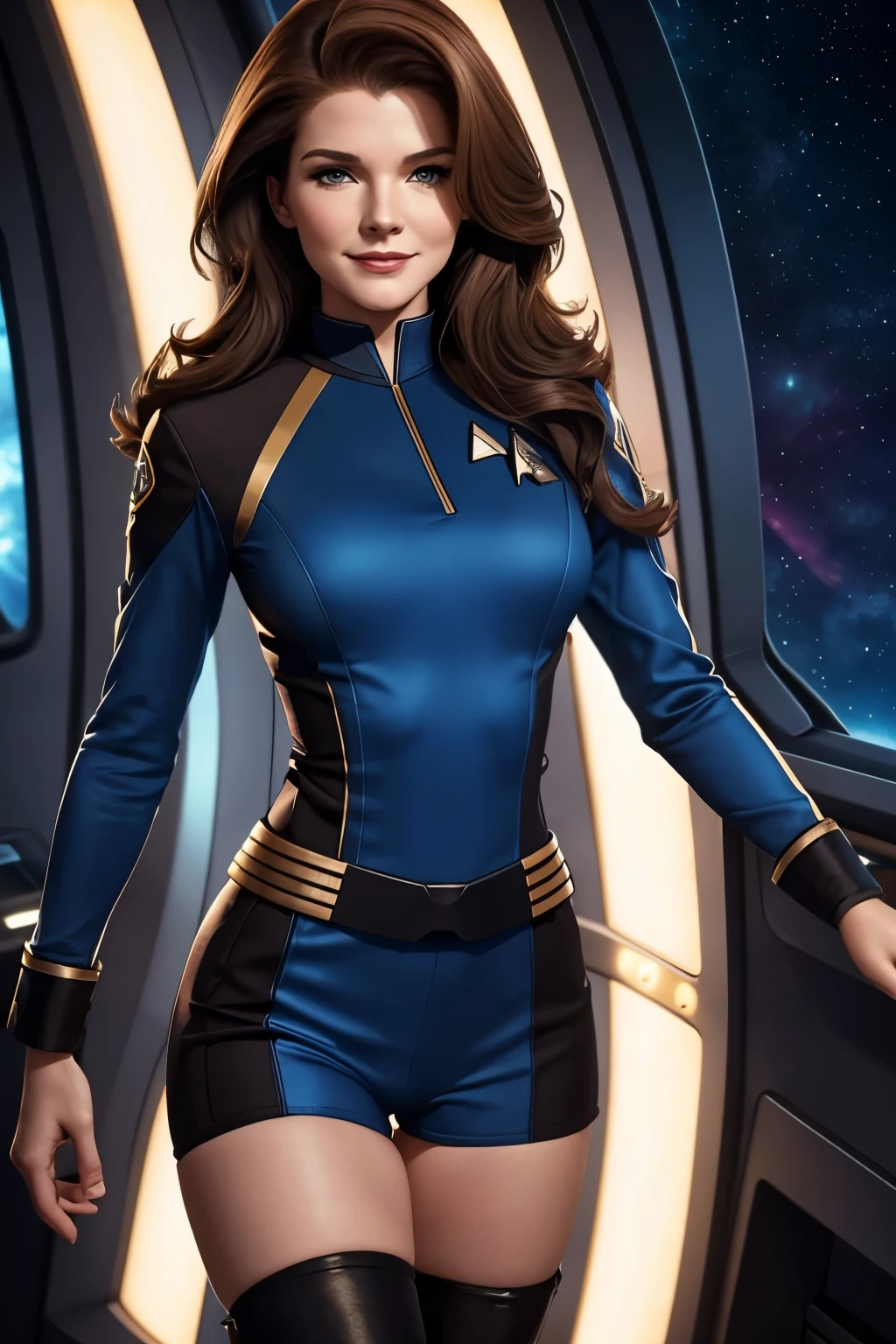 a 20 year old sexy space babe, beautiful captain Janeway with long brown hair, eyeliner, lipstick, eyeshadow, flirty smile, cute glint in her eye, on the bridge of the enterprise, wearing a tng uniform, refined face detail, blue ambient lighting, perfect proportions, ideal figure, tall space boots, thick legs, thigh gap, (SEXY:1.3),