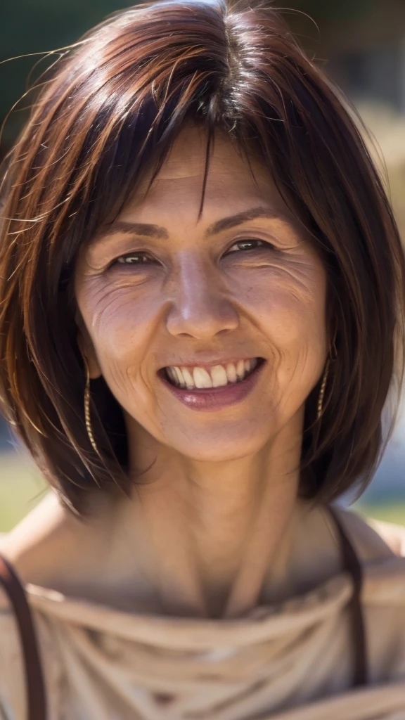 62 years old, (mature: 1.2), seductive appearance, green eyes, (many wrinkles on face: 1.4), very wide and very thick, 62 years old, top quality, realistic, super detailed, fine, high resolution, wallpaper 8k screen, one beautiful woman, wearing messy light brown hair. Wrap dress with big neckline, sharpness, perfect dynamic composition, detailed and beautiful eyes, fine hair, detailed and realistic skin texture, smile, close-up portrait, model's figure, complete description from the body, (whole body: 1.4),