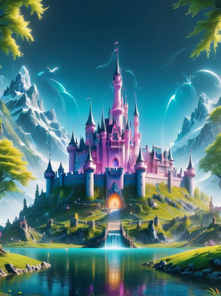 (A mysterious dream castle:1.5), Dreams，Psychedelic，Neon light，In dreams，A hidden lake，Bright colors，A Glowing Feast，Add a unique character emitting the ethereal aura of a fantasy creature by the water。Wide angle lens，Make it panoramic，Showcasing stunning castle woodland scenery，This magical scene is full of the essence of the fantasy world。