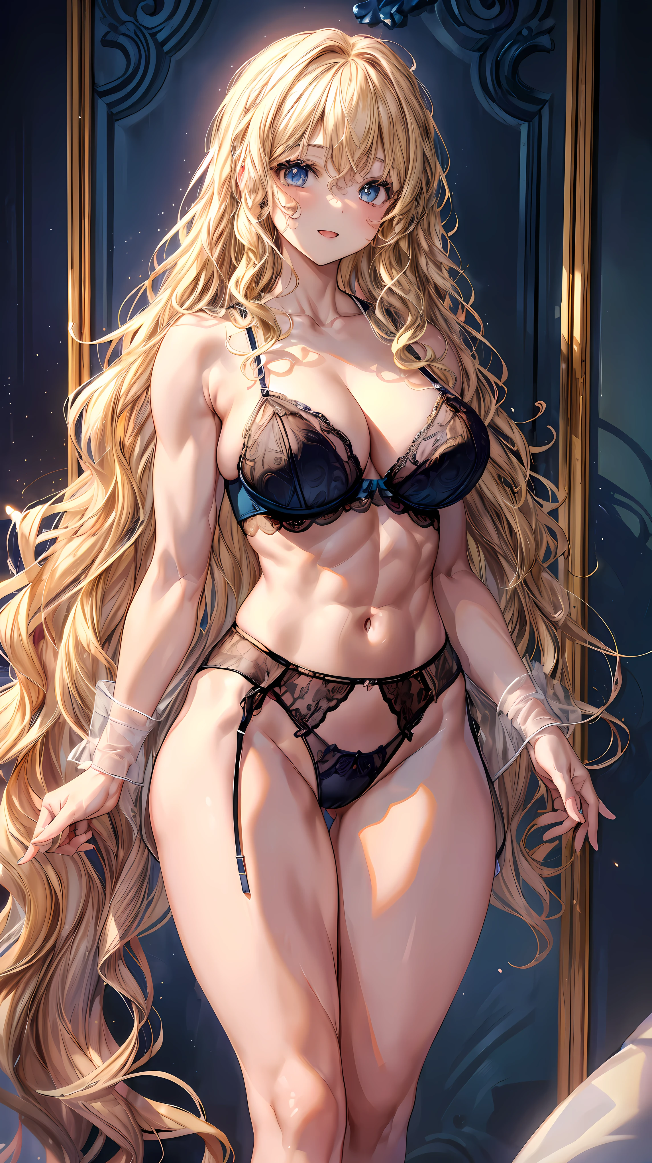 (Adult women:1.5)、Very detailed、highest quality、Best image quality、masterpiece、8k、Anime Face、A kind smile、(Open your mouth:1.3)、Sparkling blue eyes、(Blonde Wavy Hair:1.5)、、Muscles of the whole body、(High leg:1.5)、Thigh belt、(Wearing lingerie:1.5)、(Cowboy Shot:1.5)、SFW Giant