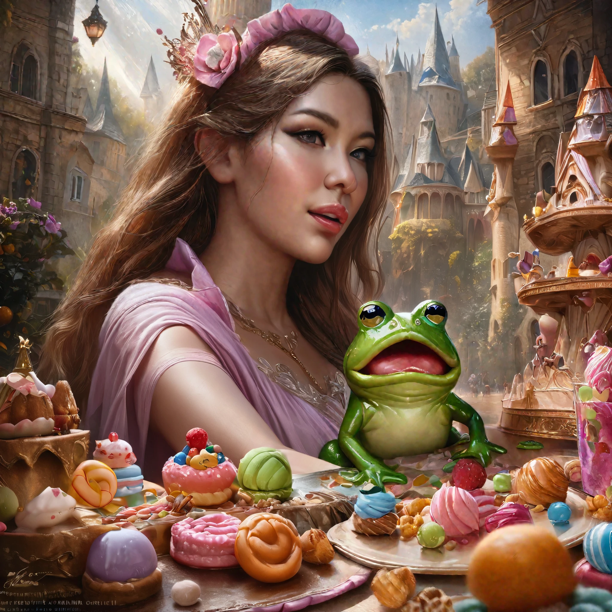 A castle made of candy and yummy food, with sexy frog women peasants going about their dreamland day. (best quality,4k,8k,highres,masterpiece:1.2),ultra-detailed,(realistic,photorealistic,photo-realistic:1.37), candy castle, vibrant colors, delicious treats, mouth-watering sweets, sugary fantasy, enchanting atmosphere, whimsical environment, magical setting, alluring frog women, seductive appearances, captivating eyes, luscious lips, graceful movements, charming outfits, playful attitude, dreamlike ambiance, sweet aroma of confections, magical lighting. notes: - "candy castle" Set as the first tag to represent the main body of the screen - "best quality,4k,8k,highres,masterpiece:1.2" and "ultra-detailed" Increased image quality - "(realistic,photorealistic,photo-realistic:1.37)" Increased image quality and specified style - "vibrant colors" Describes the color hue - "delicious treats, mouth-watering sweets" 描述了材质and场景细节 - "sugary fantasy, enchanting atmosphere, whimsical environment, magical setting, dreamlike ambiance" 描述了整体氛围and场景 - "alluring frog women, seductive appearances, captivating eyes, luscious lips, graceful movements, charming outfits, playful attitude" 描述了人物细节and姿势 - "sweet aroma of confections"Describes the atmosphere of the scene - "magical lighting" Describes the lighting effects of the picture