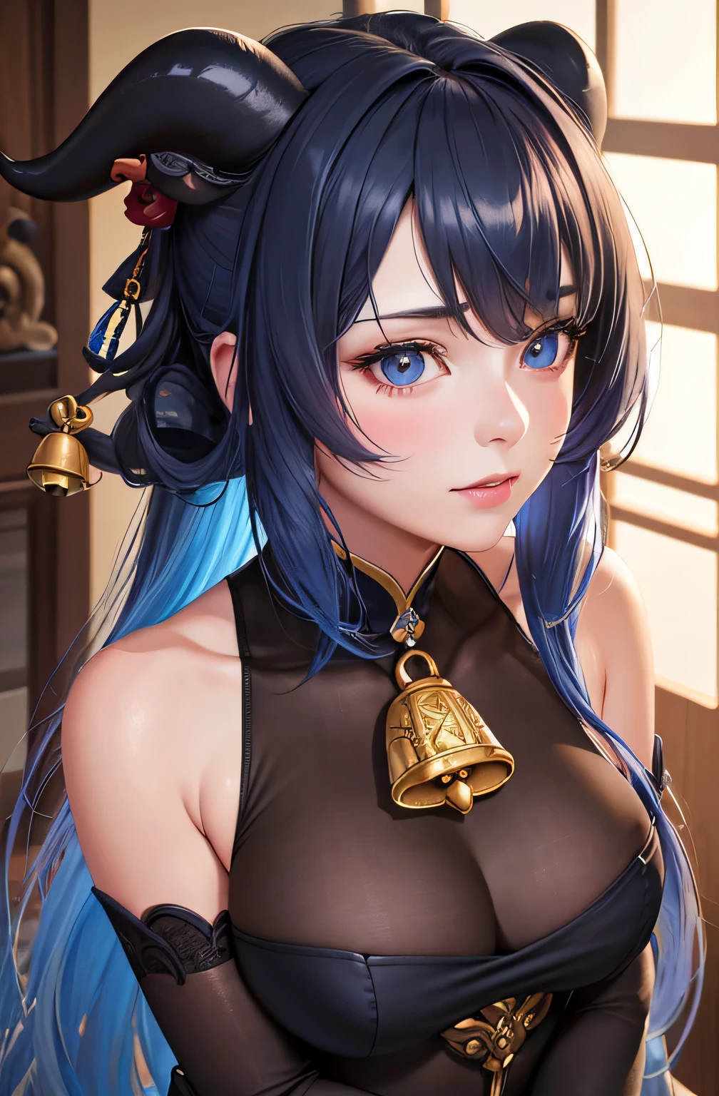 (photorealistic:1.4), (masterpiece, sidelighting, finely detailed beautiful eyes: 1.2), masterpiece*portrait, realistic, 3d face,
ganyu \(genshin impact\), 1girl, ahoge, architecture, bangs, bare shoulders, bell, black gloves, black pantyhose, (blue hair), blush, breasts, chinese knot, detached sleeves, flower knot, gloves, horns, long hair, looking at viewer, medium breasts, neck bell
