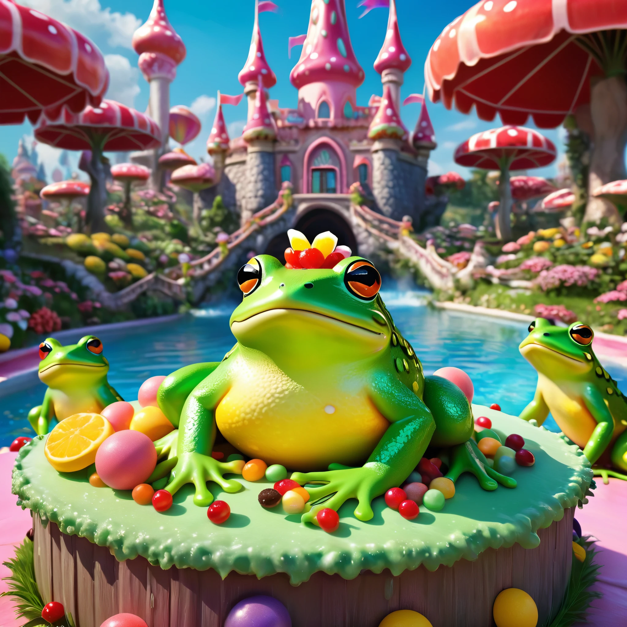 A castle made of candy and yummy food, with sexy frog women peasants going about their dreamland day. (best quality,4k,8k,highres,masterpiece:1.2),ultra-detailed,(realistic,photorealistic,photo-realistic:1.37), candy castle, vibrant colors, delicious treats, mouth-watering sweets, sugary fantasy, enchanting atmosphere, whimsical environment, magical setting, alluring frog women, seductive appearances, captivating eyes, luscious lips, graceful movements, charming outfits, playful attitude, dreamlike ambiance, sweet aroma of confections, magical lighting. notes: - "candy castle" Set as the first tag to represent the main body of the screen - "best quality,4k,8k,highres,masterpiece:1.2" and "ultra-detailed" Increased image quality - "(realistic,photorealistic,photo-realistic:1.37)" Increased image quality and specified style - "vibrant colors" Describes the color hue - "delicious treats, mouth-watering sweets" 描述了材质and场景细节 - "sugary fantasy, enchanting atmosphere, whimsical environment, magical setting, dreamlike ambiance" 描述了整体氛围and场景 - "alluring frog women, seductive appearances, captivating eyes, luscious lips, graceful movements, charming outfits, playful attitude" 描述了人物细节and姿势 - "sweet aroma of confections"Describes the atmosphere of the scene - "magical lighting" Describes the lighting effects of the picture