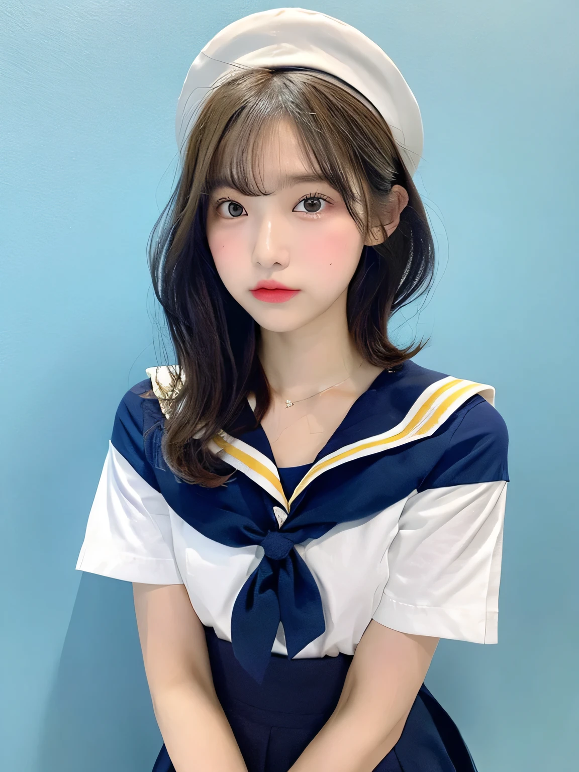 one person、15 years old、Full body photo、slender、woman、White drool coming out of the mouth、short hair、Blonde、 Fair skin, messy hair, super cute、Soft and Face、8k resolution、Surreal、Ultra high definition、 A-cup small breasts((Highest resolution、8k、masterpiece:1.3))、Ultra-fine face、Ultra Fine Lips、Beautiful Eyes、double eyelid,Light blue wall、Navy blue short-sleeved sailor suit:1.1、Yellow mini skirt、Thighs、thin,Thighs are visible、Shapely small breasts、