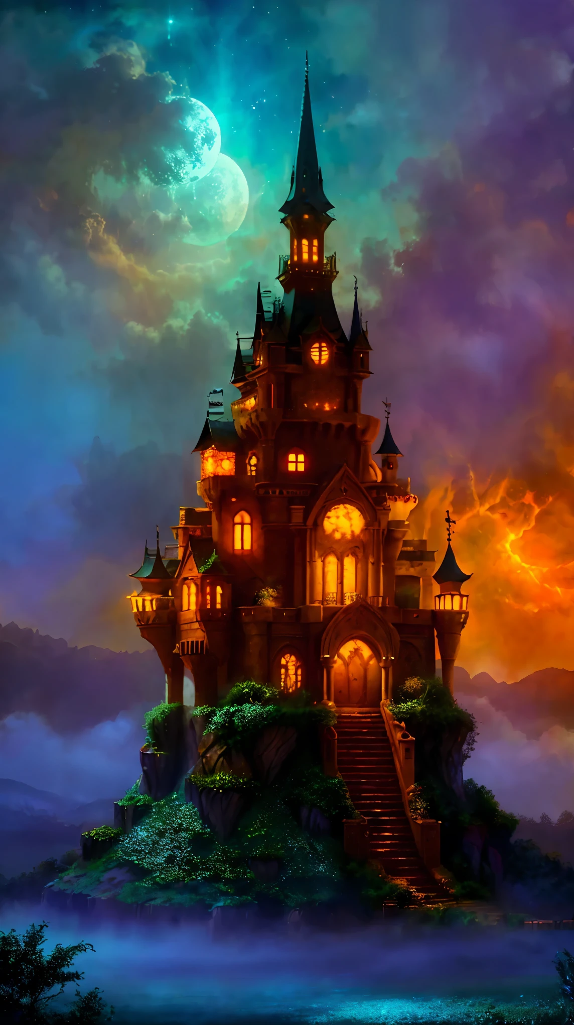 Mysterious Castle、Misty landscape、Majestic Tower、Intricate stone carvings、Ethereal glow、Bright colors、Enchanting atmosphere、Breeze、Hidden Secrets、Twinkling moonlight、Whimsical Creatures。(highest quality、High resolution、Super detailed)、ancient architecture、Western architecture, Magical atmosphere、Dreamy atmosphere、Fantasy setting、Surreal elements、fairy tale atmosphere、Surrealistic lighting、Painterly style。