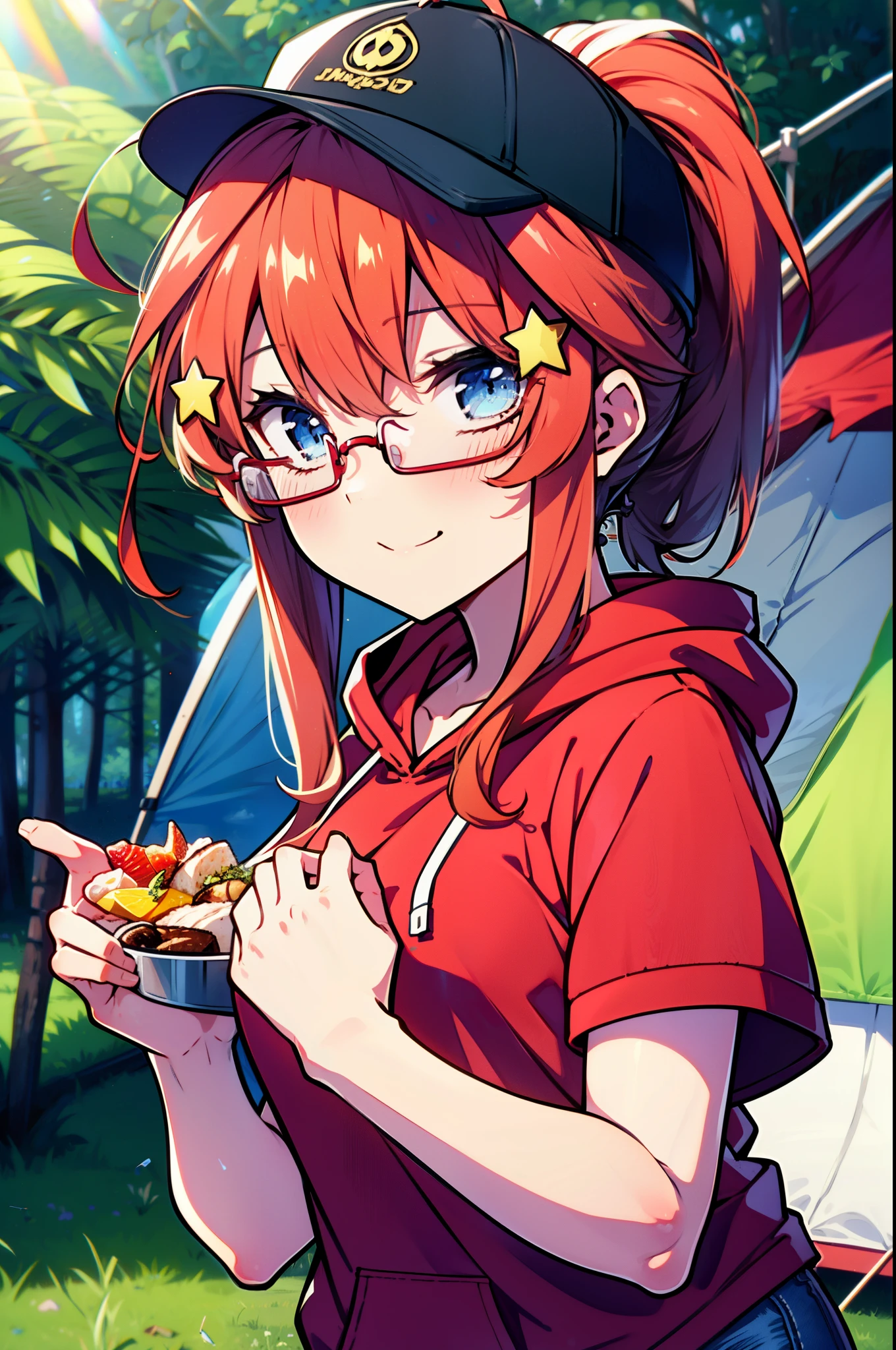 itsukinakano, Itsuki Nakano, bangs, blue eyes, Hair between the eyes, Ahoge, Redhead, star \(symbol\), hair ornaments, star hair ornaments,Akagi glasses, tooth, smile, Open your mouth,ponytail,Red hoodie,Short sleeve,Baseball cap,Food Up,Red Tank Top Shirt,Short denim,Red Knee High Socks,High Top Sneakers,Daytime,sunny,真夏日
break looking at viewer, Upper Body, whole body,(Cowboy Shot:1. 5)
break outdoors, forest, nature,camp site,tent,
break (masterpiece:1.2), highest quality, High resolution, unity 8k wallpaper, (shape:0.8), (Beautiful details:1.6), Highly detailed face, Perfect lighting, Extremely detailed CG, (Perfect hands, Perfect Anatomy),