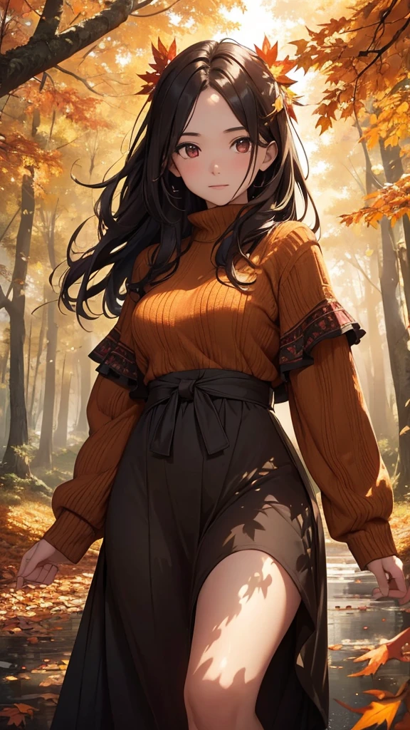 (best quality,highres,realistic)A girl walking through a row of trees, surrounded by the vibrant colors of autumn foliage. The girl, in her mid-30s, has sleek black hair that cascades down her back and striking red eyes that reflect the beauty of the season. She exudes a sense of joy and excitement as she explores the picturesque scene.
Her perfect body is accentuated by her autumn attire, which complements the colors of nature. The fabric drapes delicately over her modest breasts, adding a touch of elegance to her appearance. With each step, her movements are graceful, and her hands are exquisitely detailed, expressing her excitement.
The background is meticulously crafted, immersing the girl in a serene and enchanting forest. The trees form a stunning row, their branches adorned with leaves of various warm hues. The surrounding environment is rich in detail, with leaves gently fluttering to the ground and a gentle breeze rustling through the trees.
The sky above is a mesmerizing display of colors, blending shades of orange, red, and gold, casting a warm glow upon the scene. The sunlight filters through the branches, creating captivating patterns of light and shadow on the forest floor.
Every element of this artwork is created with the highest level of realism, showcasing the finest details. The girl's eyes are extraordinary, reflecting her curiosity and zest for life. Her body and clothing are intricately portrayed, bringing them to life on the canvas. The hand that delicately brushes aside the leaves is so realistic that one can almost feel the touch.
The overall color palette of the artwork is carefully curated to enhance the autumn ambiance, with warm and earthy tones dominating the composition. The lighting is carefully designed to accentuate the girl's features and create a harmonious atmosphere.
This artwork is a masterpiece, capturing the beauty of autumn and the joy of exploration. It invites viewers to immerse themselves in the scene, appreciating t