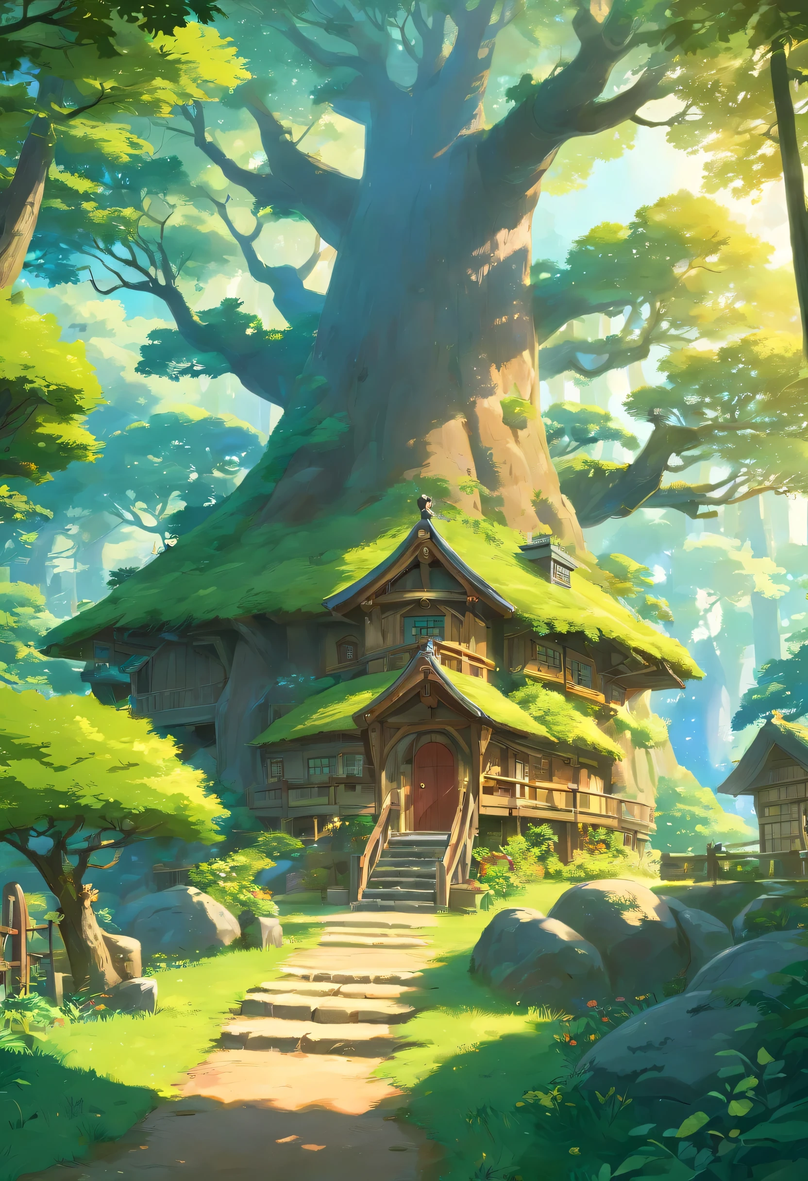 Stable Diffusion prompt:
(best quality, highres, detailed, masterpiece:1.2), ultra-detailed, (realistic, photorealistic, photo-realistic:1.37), warm lighting, golden sunlight, towering ancient oak tree in the middle of a forest, a treehouse on the tree, wooden house, cozy atmosphere, surrounded by lush greenery, tranquil setting, dappled sunlight, gentle breeze, birds chirping, peaceful and serene ambiance.
