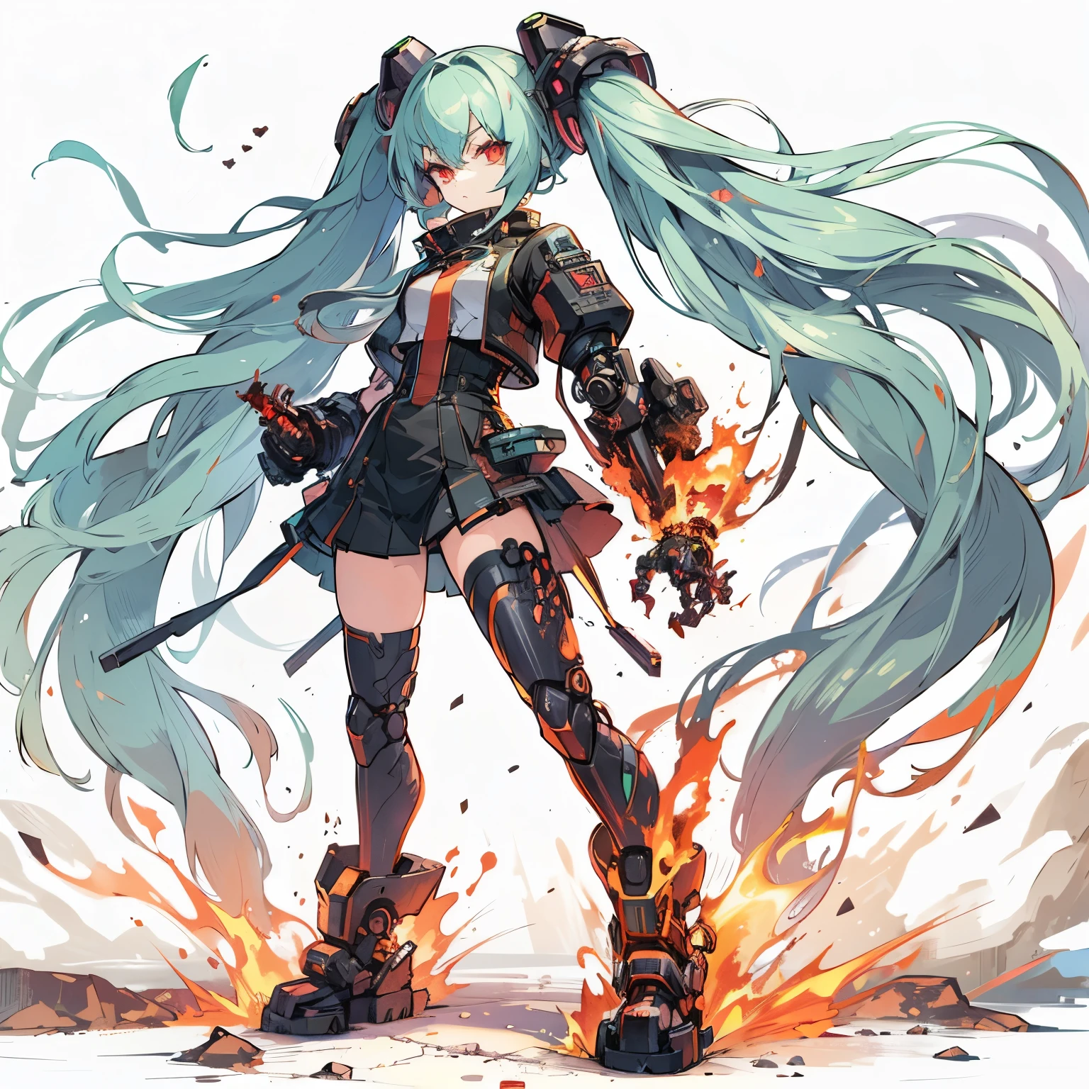 (Tabletop), (Perfect athletic body:1.2), Anime Style, whole body, Cyberpunk Girl, Sea green twin hairstyle with red eyes, Cyberpunk Costume, black purple flame fist, Burnt mechanical limbs, Standing in the Wilderness, White Background, whole body、Bullish expression