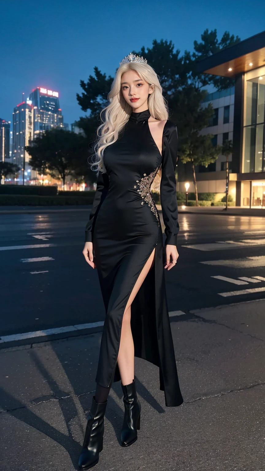 从头到脚full-body shot,permanent,HD,masterpiece,Very high, Slender woman,white long hair,White hair,Extra long curly hair,Extra long curly hair垂落在地上,extremely long hair,Delicate face,Moisturizing red lips,very high,Amazing body proportions,Broad shoulders,Extra Large ,Slim waist,Wide hips,The buttocks are unusually huge,Extremely exaggerated and long legs,Extra long thick legs,Very long legs,Gorgeous crystal crown,Full body clothing,Gorgeous and intricate high-neck sheath dress,Black platform ankle boots,Smile,Real People,roof,night,CG Rendering,16K,looking at camera,The night view is beautiful,超HD,perfect details,The photos are real,Ultimate image quality,highest accuracy,8k resolution,Dark Shadows,8k, Yes ,超HD,8k,full-body shot。