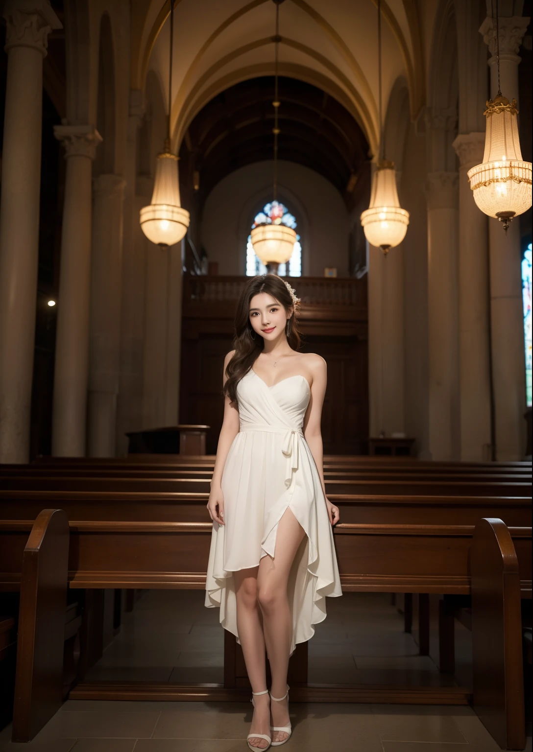 Beautiful 19 year old woman。She is wearing a classical dress for spring and summers that is dark tone color dress with many frills. She is smiling on illuminated by the evening church lights . romantic sunset. her dark brown hair. High resolution、masterpiece、highest quality、頭w:1.0、((Hasselblad Photos))、fine skin、(movie lighting)、clavicle . full body picture.