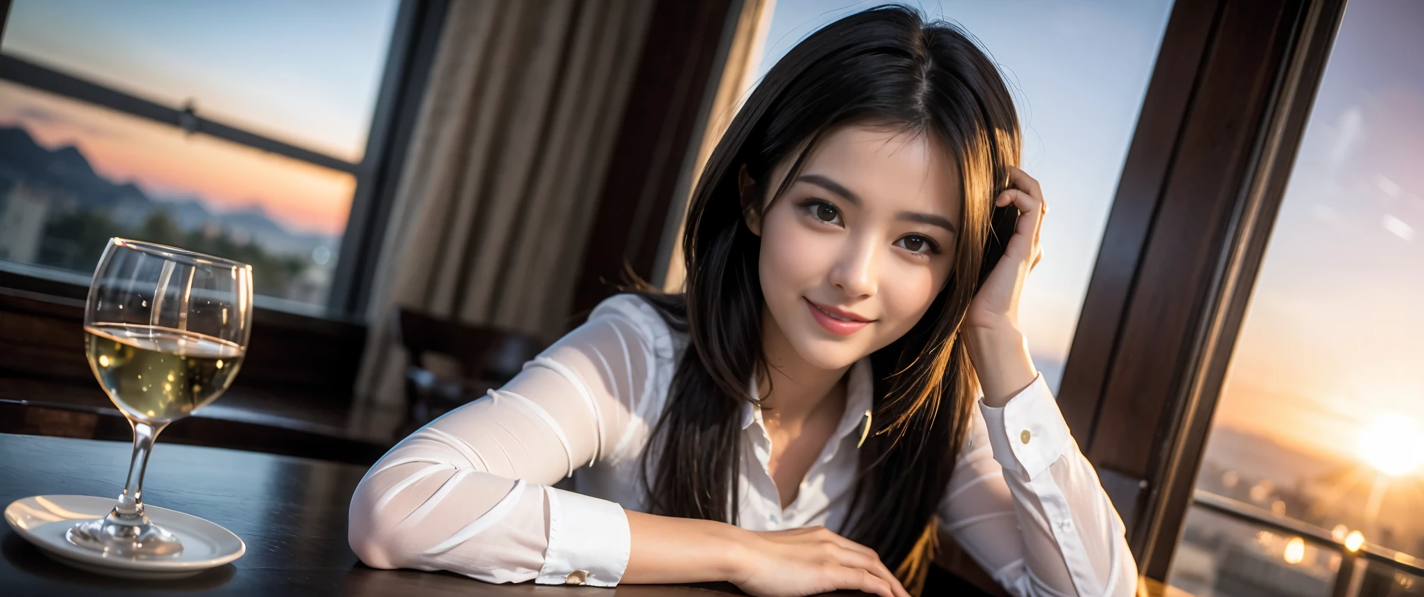 ((highest quality、8k、masterpiece:1.3))、Sharp focus:1.2、Beautiful woman perfect body:1.4、slimなボディ、((Bob Hale、Straight hair:1.2))、(to be born, highest quality, masterpiece:1.5), (Realistic, Intricate details:1.2), Ultra-high resolution, Amazing view of the sunset sky and clouds、Amazing mountain views、ニコニコ明るいsmile、smileの素敵な女性、Bright image、2. The beauty of wine, Beautiful Face, blue eyes, The light shines on your face, Blushing, short hair,Bright Face、Fox face、 (36 years old), 39 years old, Lady、red wine 、Appetizers、Italian food、Wine bottle、Champagne、sparkling wine、Two beauties、Brown Hair、Shortcuts、Long sleeve shirt、dress、Pretty Woman 1, (slimな顔), (The body is slim), (Brown Hair), (Shortcuts), cheeks turn a little red,Attractive beauty、, Out of the window, A beautiful and detailed night view unfolds.........., restaurant, In a prominent place (From the waist up) Nova Frog Style, actress, model, Upper Body, White wine, slim, wine glass, 真ん中に置かれたwine glass, smile, (smile: 1.15), Beautiful fine grain, Depth f/2,saturation, High Contrast, Strong light and shadow,Moist Body:1.5、3D texture、Delicate eyes、Brown Hair、The hair is very shiny、